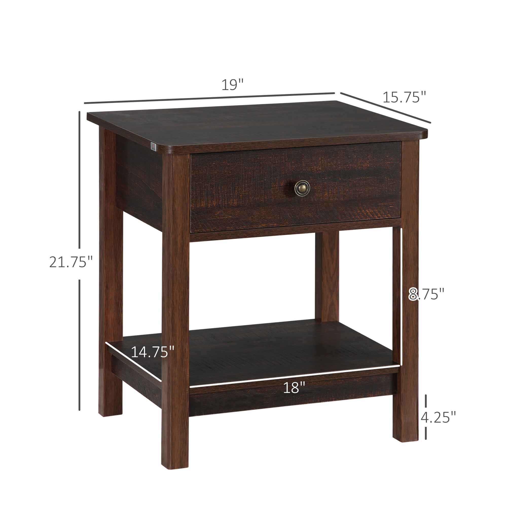 End Table with Drawer, Side Table with Top and Bottom Shelf for Small Spaces, Dark Brown