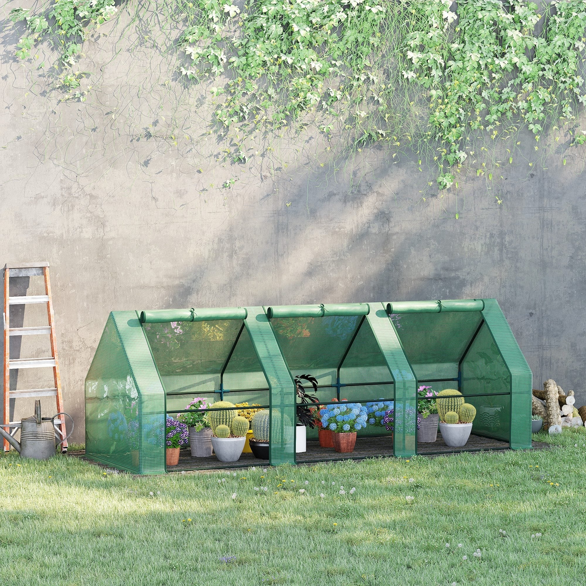9' x 3' x 3' Portable Mini Greenhouse Outdoor Garden with Large Zipper Doors and Water/UV PE Cover, Green - Green - Image 2