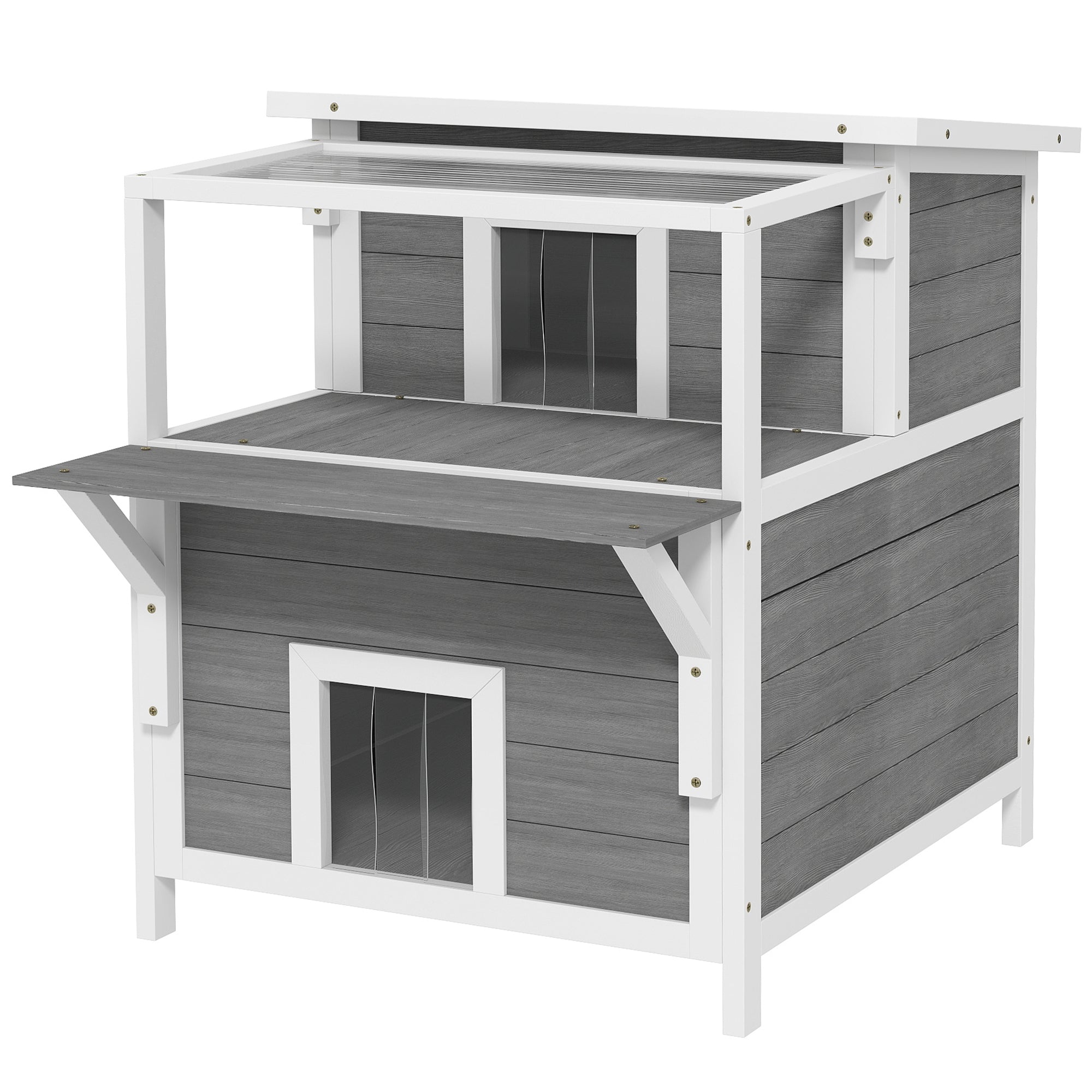 2-Story Wooden Cat House Outdoor with Balcony, Openable Top, Escape Door, Removable Panel & Floor, for Backyard, Outside - Light Gray