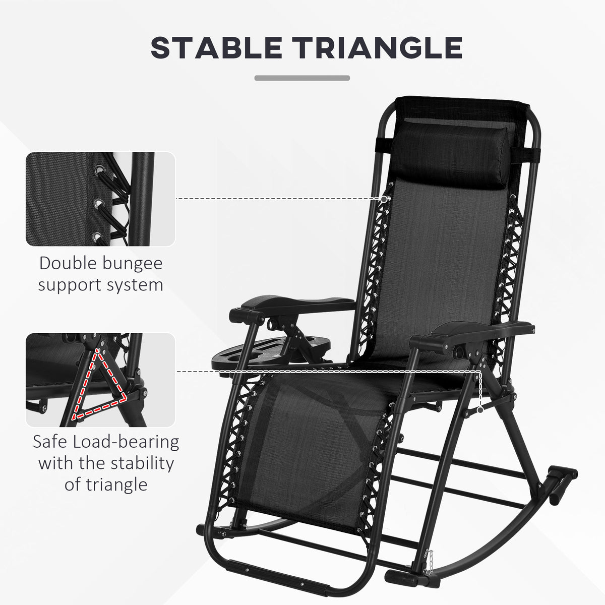 2 Outdoor Rocking Chairs Foldable Reclining Zero Gravity Lounge Rockers w/ Pillow Cup & Phone Holder, Black