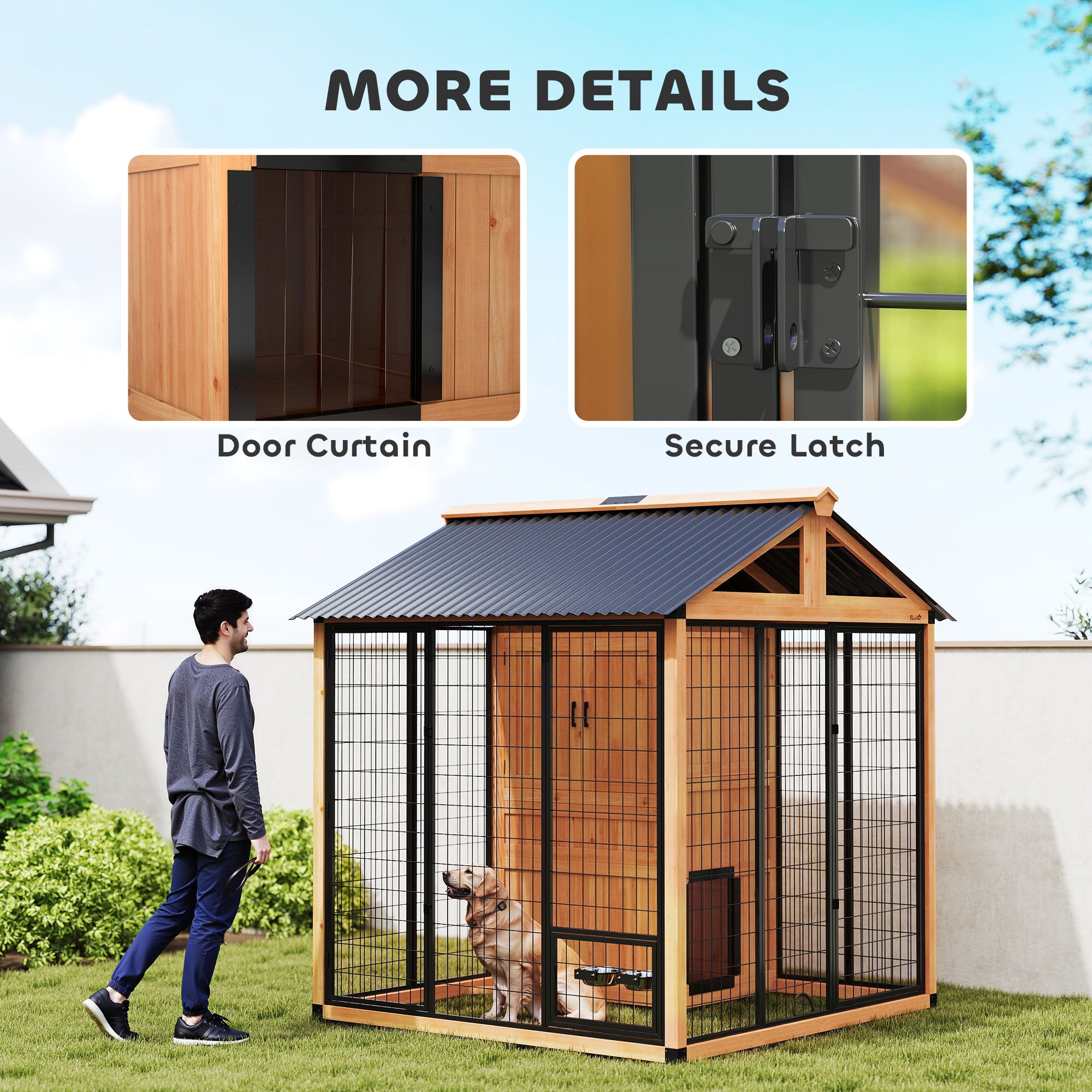 7' x 6' Extra Large Dog House, Wood Outdoor Dog Kennel with Storage Cabinet, Stainless Steel Bowls, Light Yellow - Yellow - Image 8