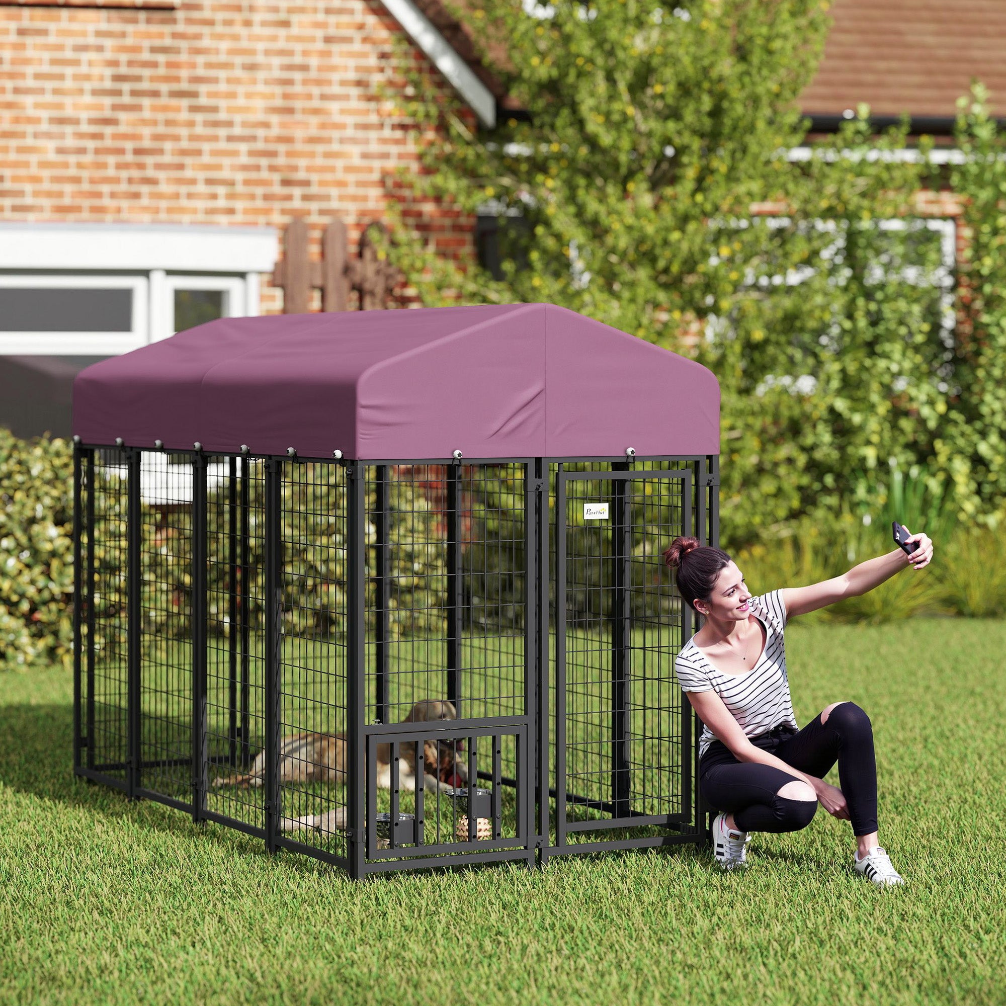 Welded Wire Outdoor Dog Kennel with 360° Rotating & 4 Levels Adjustable Bowls, Waterproof Cover, 7.9' x 4' x 6' - Red - Image 2