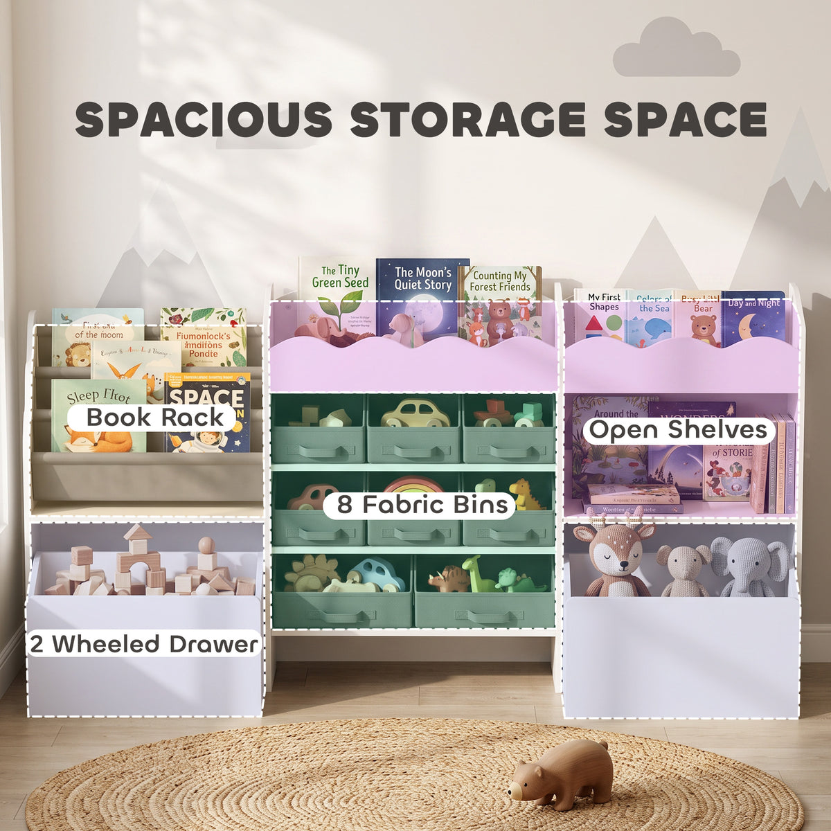 Kids Toy Storage Organizer, Kids Bookshelf with 8 Fabric Bins, 2 Rolling Drawers, Open Shelves for Kids Room, White