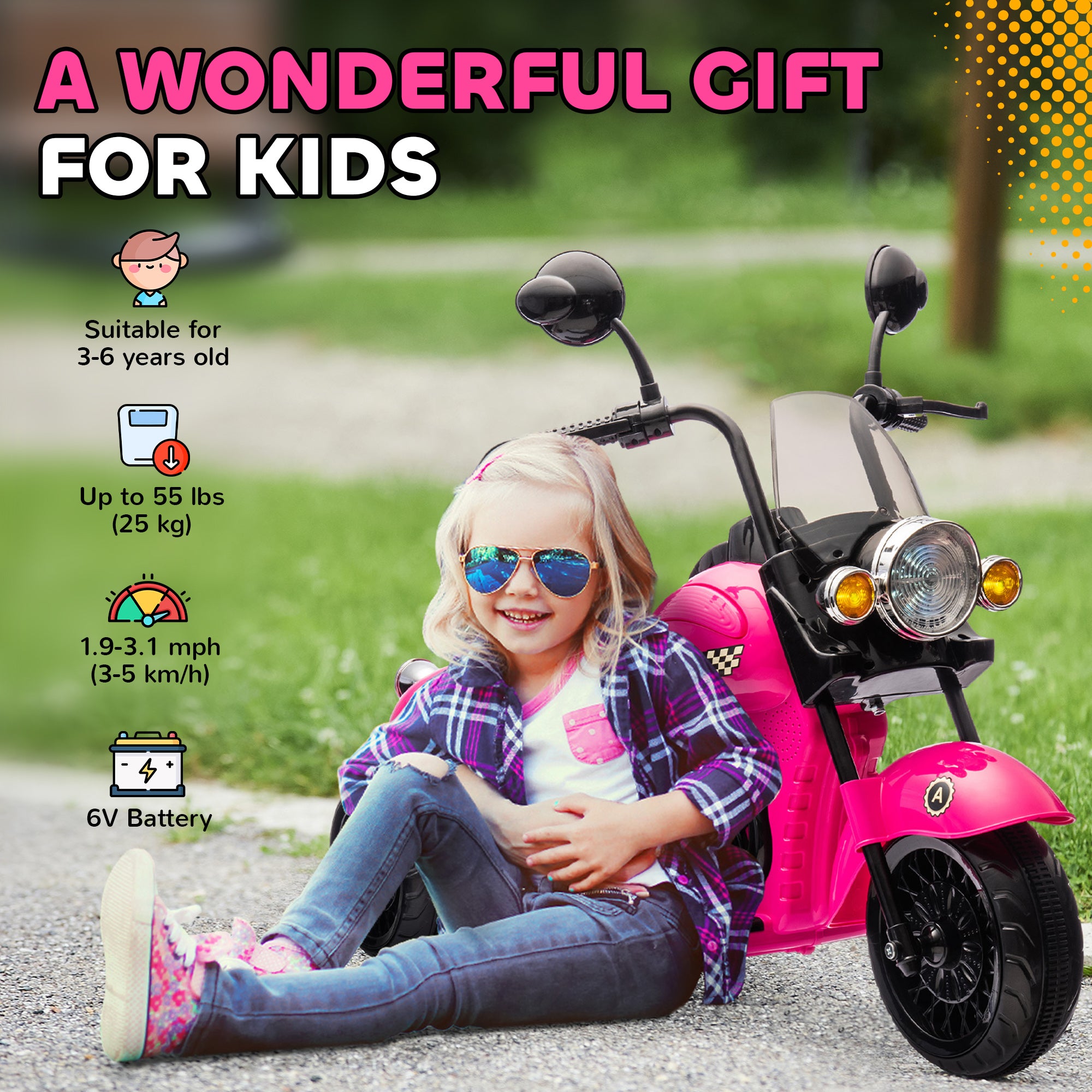 6V 3 Wheel Electric Motorcycle for Kids, Battery Powered Motorbike w/ Headlights, Music, Forward & Reverse, Pink