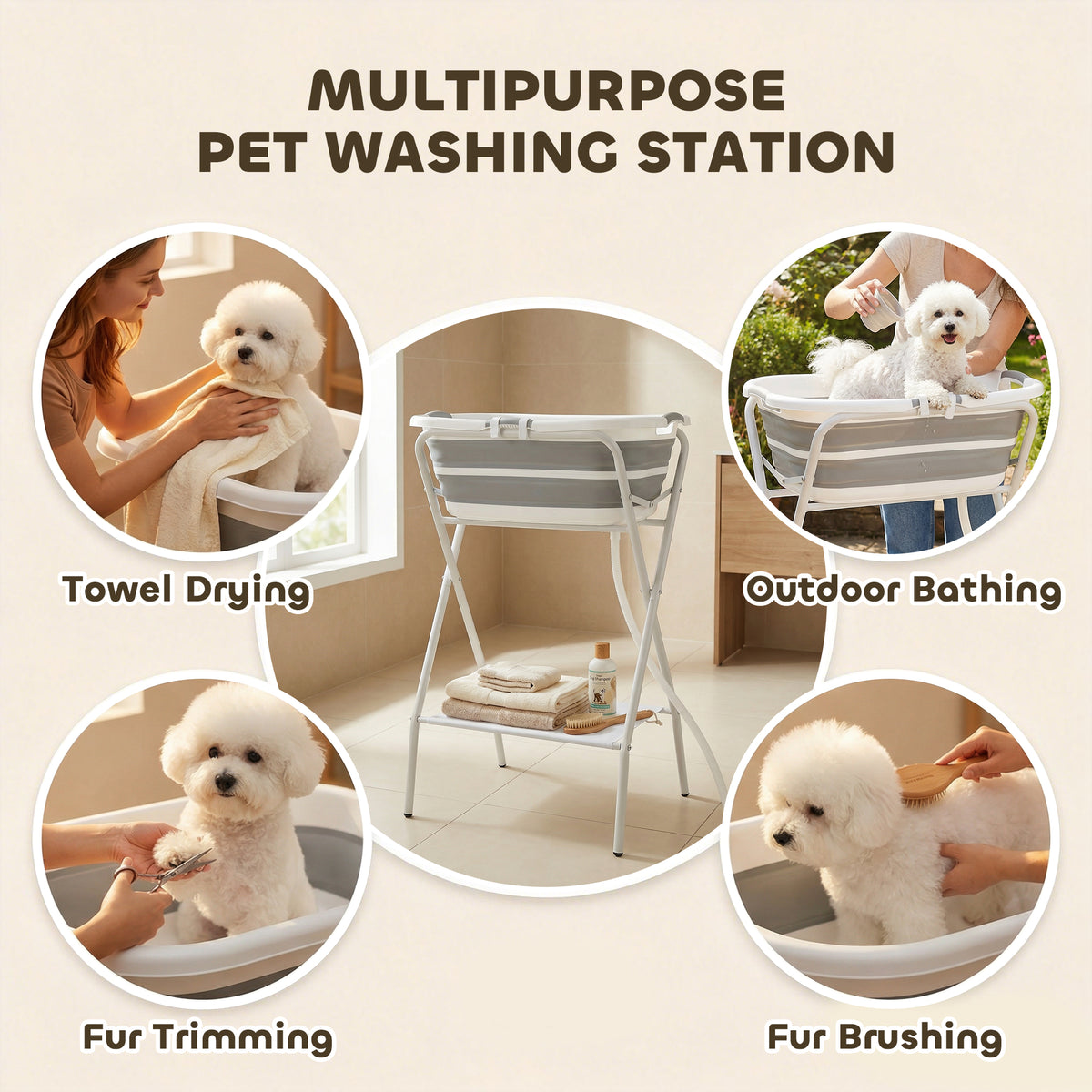 Dog Bath Tub Dog Washing Station, Elevated Foldable Dog Bathtub with Hose, Storage Shelf, for Small Dogs Puppies Gray