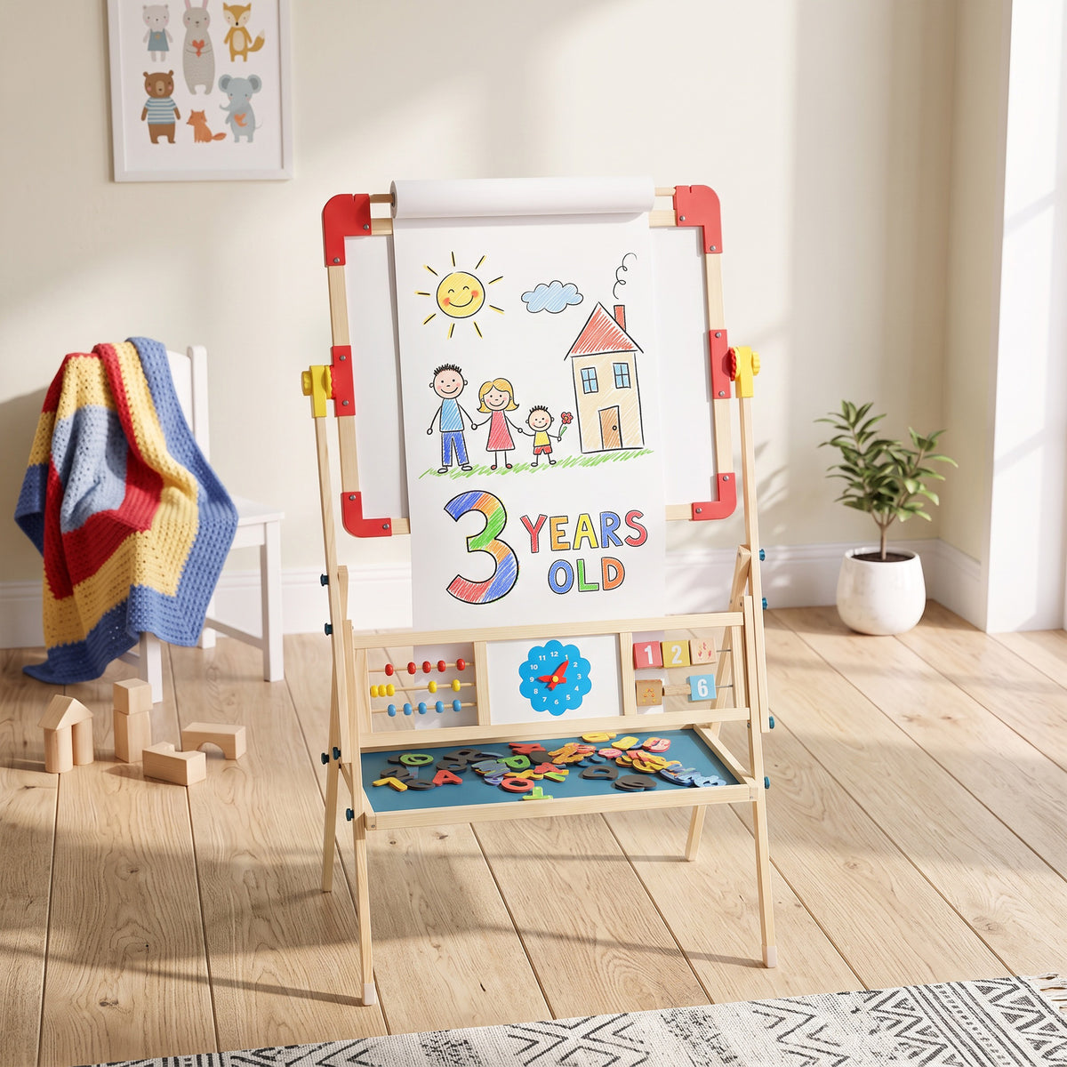 Art Easel for Kids, 360° Rotating Double Sided Kids Easel with Magnetic Whiteboard, Chalkboard, Storage Box, Natural