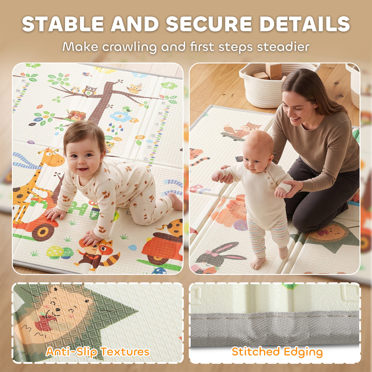 Foldable & Reversible Baby Play Mat, 79" x 71"Thick Play Mat for Floor, Waterproof Non-Slip, Giraffe & Woodland Animals