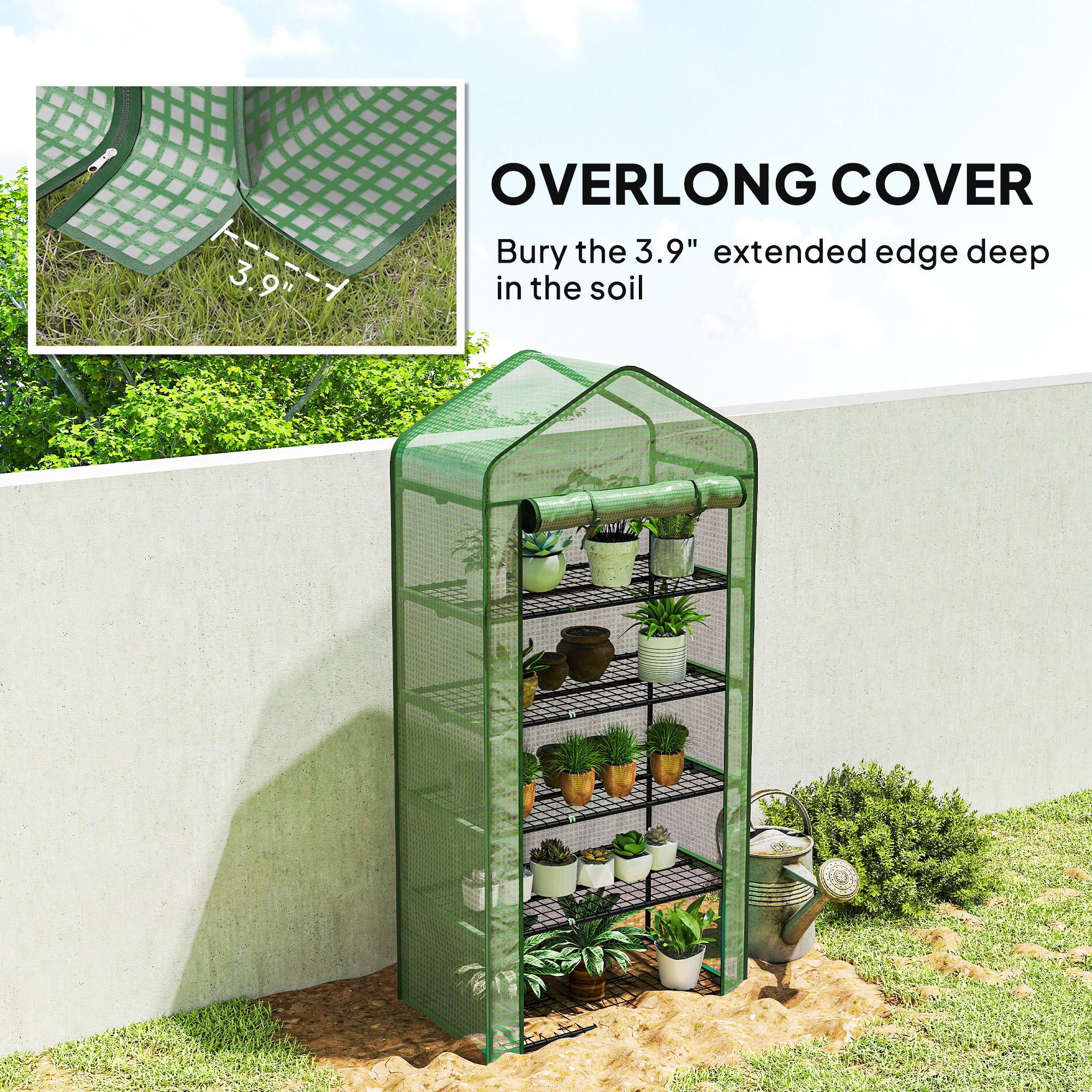 5 Tier Mini Greenhouse, Small Portable Greenhouse with PE Cover, Roll-Up Zippered Door, 76" x 35.4" x 19.3", Green - Green - Image 8