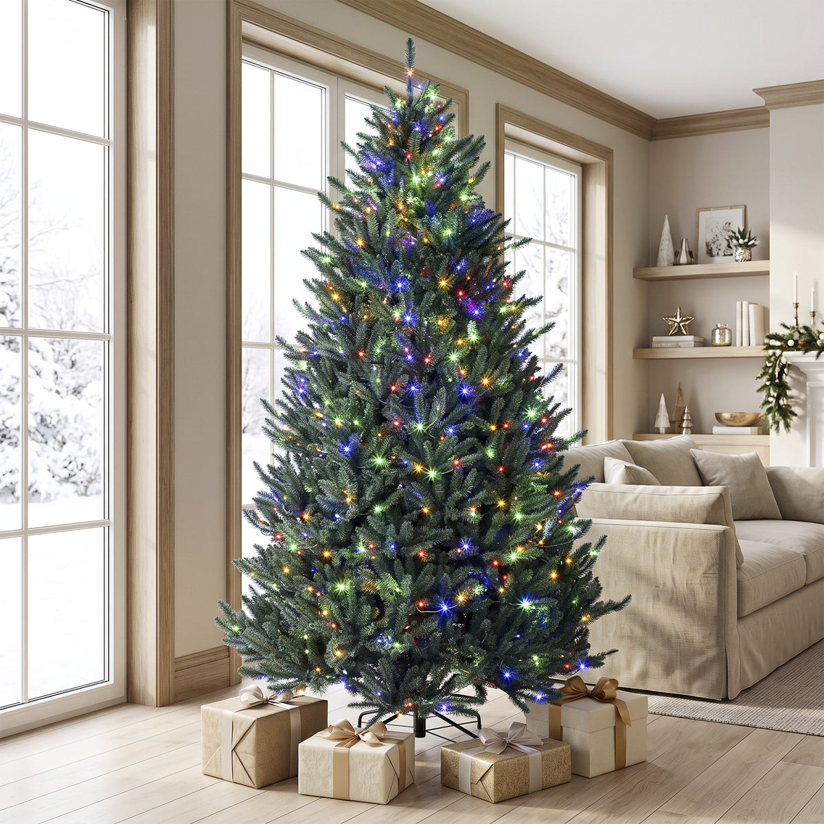 7.5ft Prelit Christmas Tree, Colorado Blue Spruce, Easy Plug, Hinged Xmas Tree with Warm White & Multi-Color LED Lights