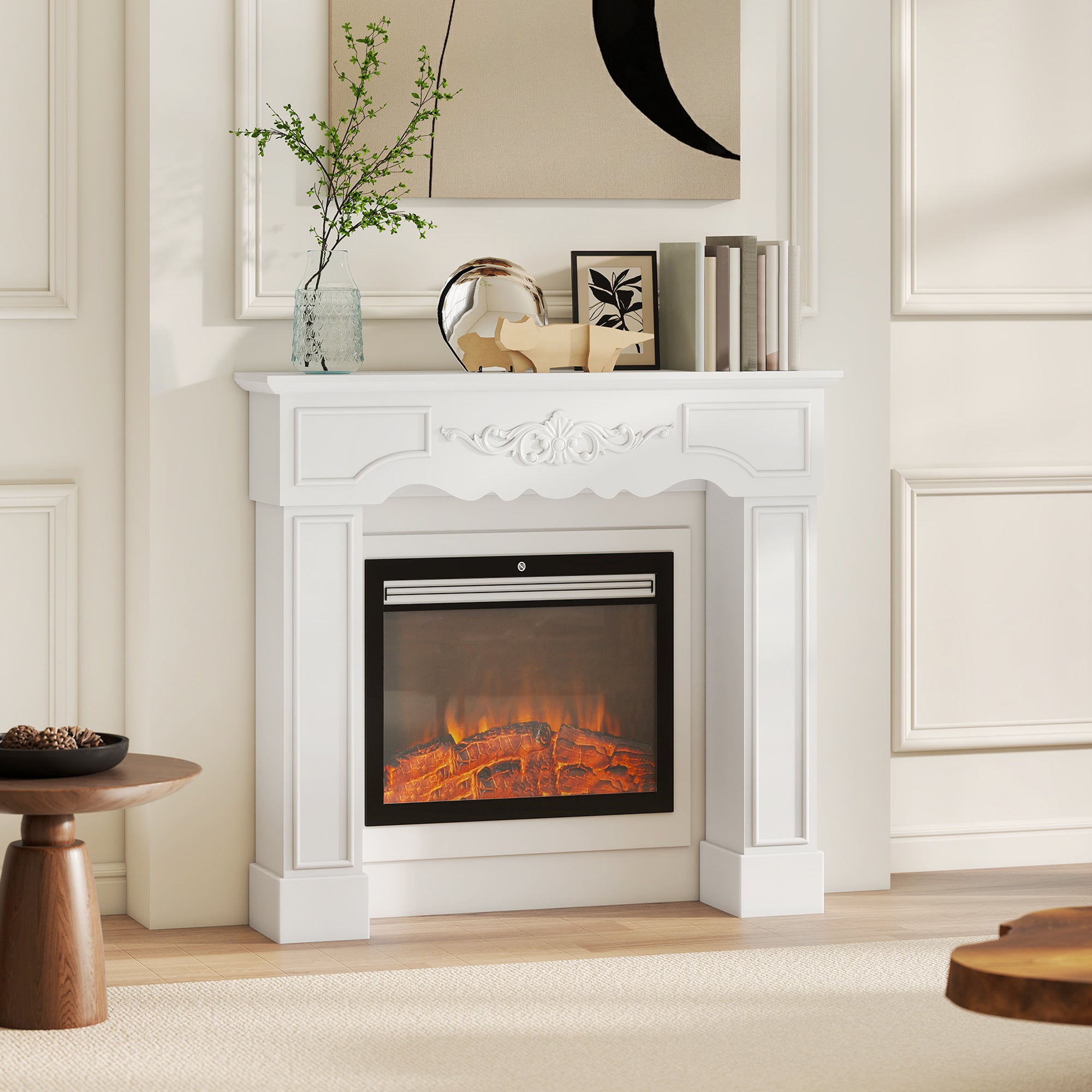 Baroque Fireplace Mantel, Freestanding Fireplace Surround with Leg for Electric Fireplaces, 43.3" W x 39.8" H, White