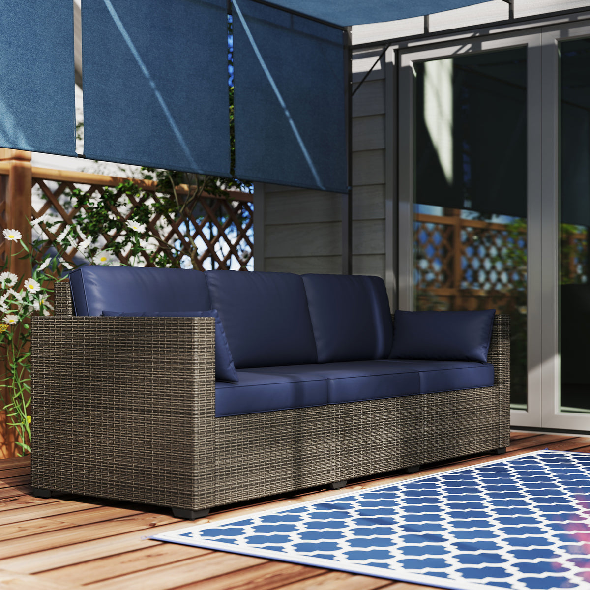 Patio Couch PE Wicker Deep Seating Outdoor Sofa with Removable Cushions, 3 Seater Rattan Sofa, Navy Blue