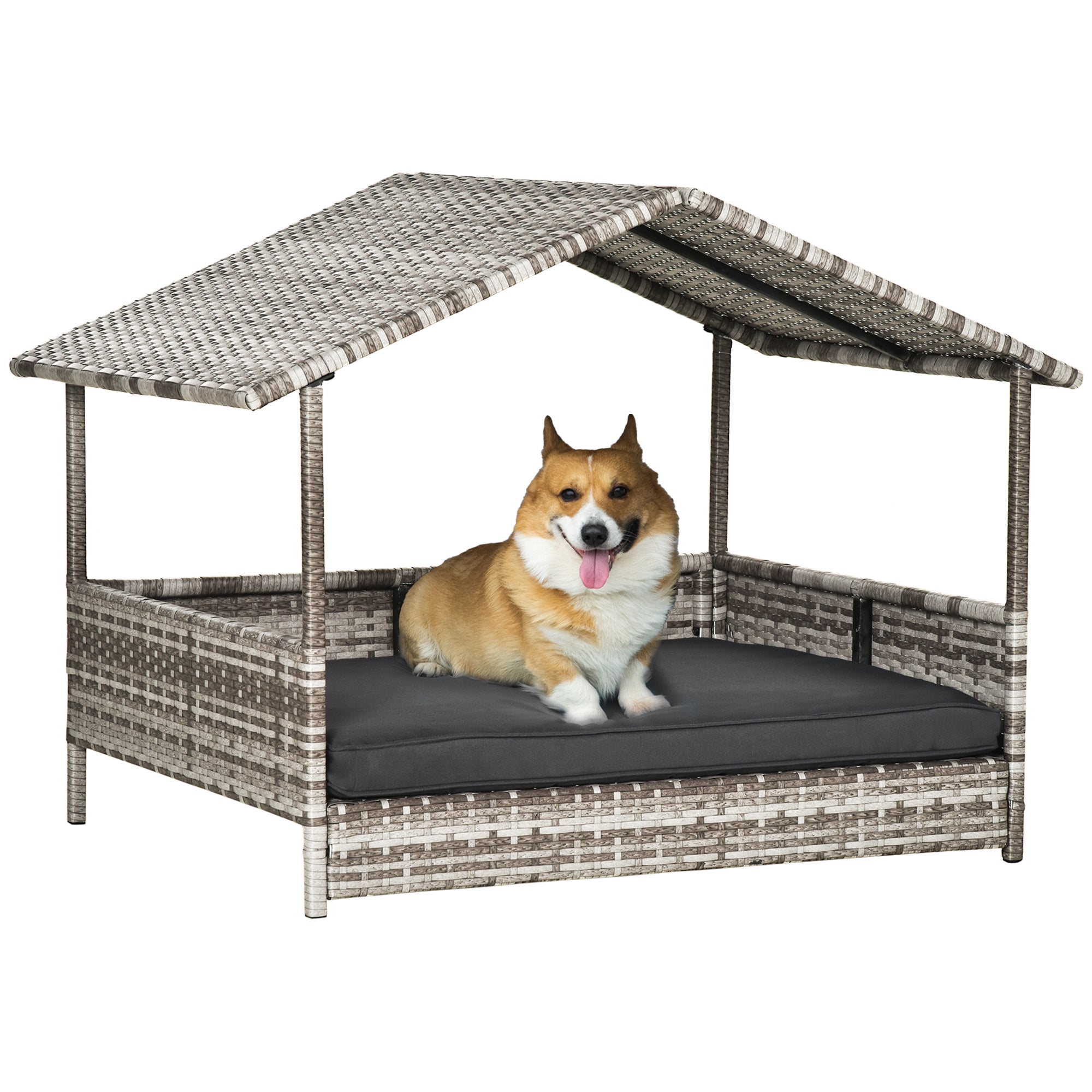 Wicker Dog House Elevated Raised Rattan Bed with Removable Cushion Lounge, Charcoal Gray - Gray