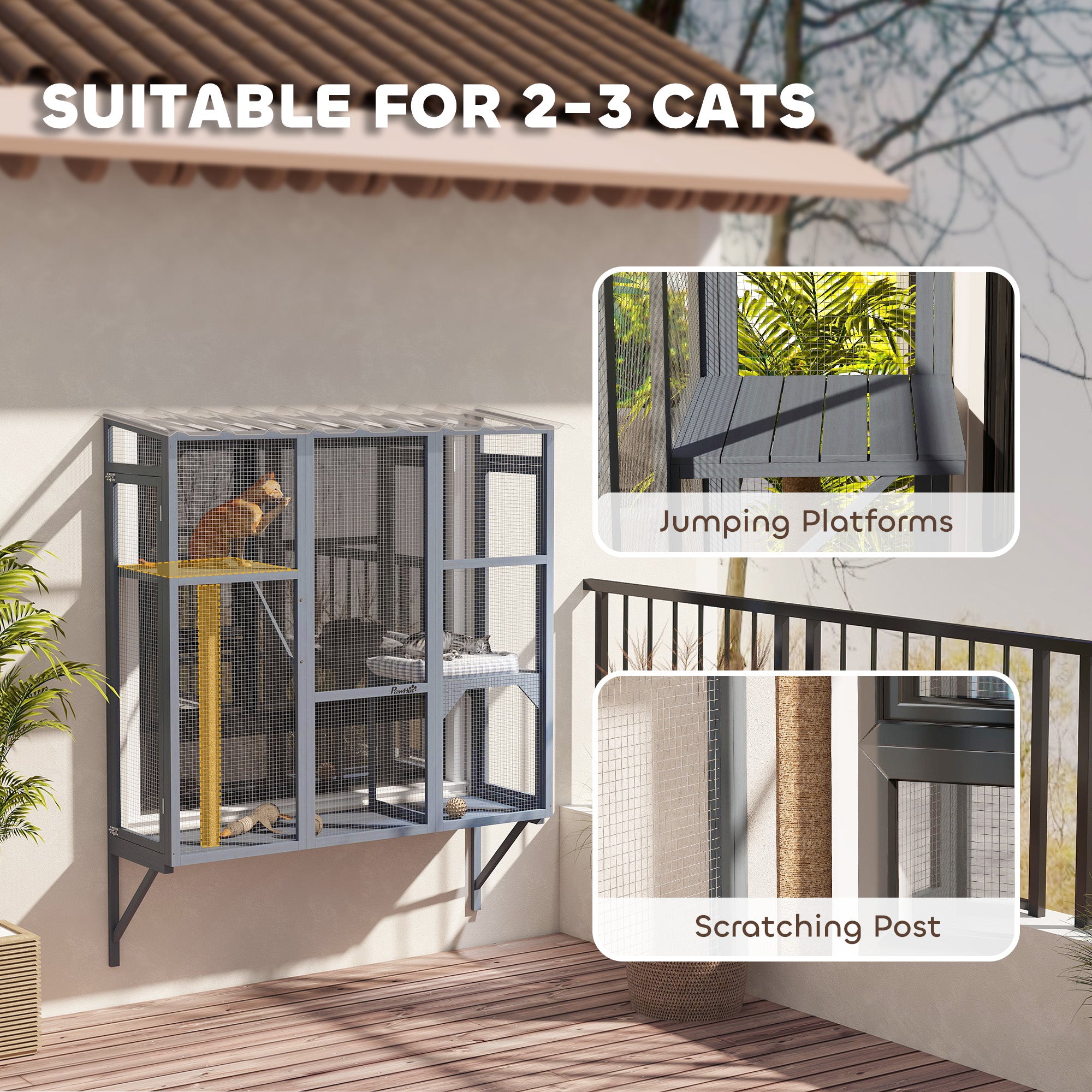 Catio Outdoor, Window Catio for 2-3 Large Indoor Cats w/ 2 Jumping Platforms, Scratching Post, for Playing, Napping - Gray - Image 5
