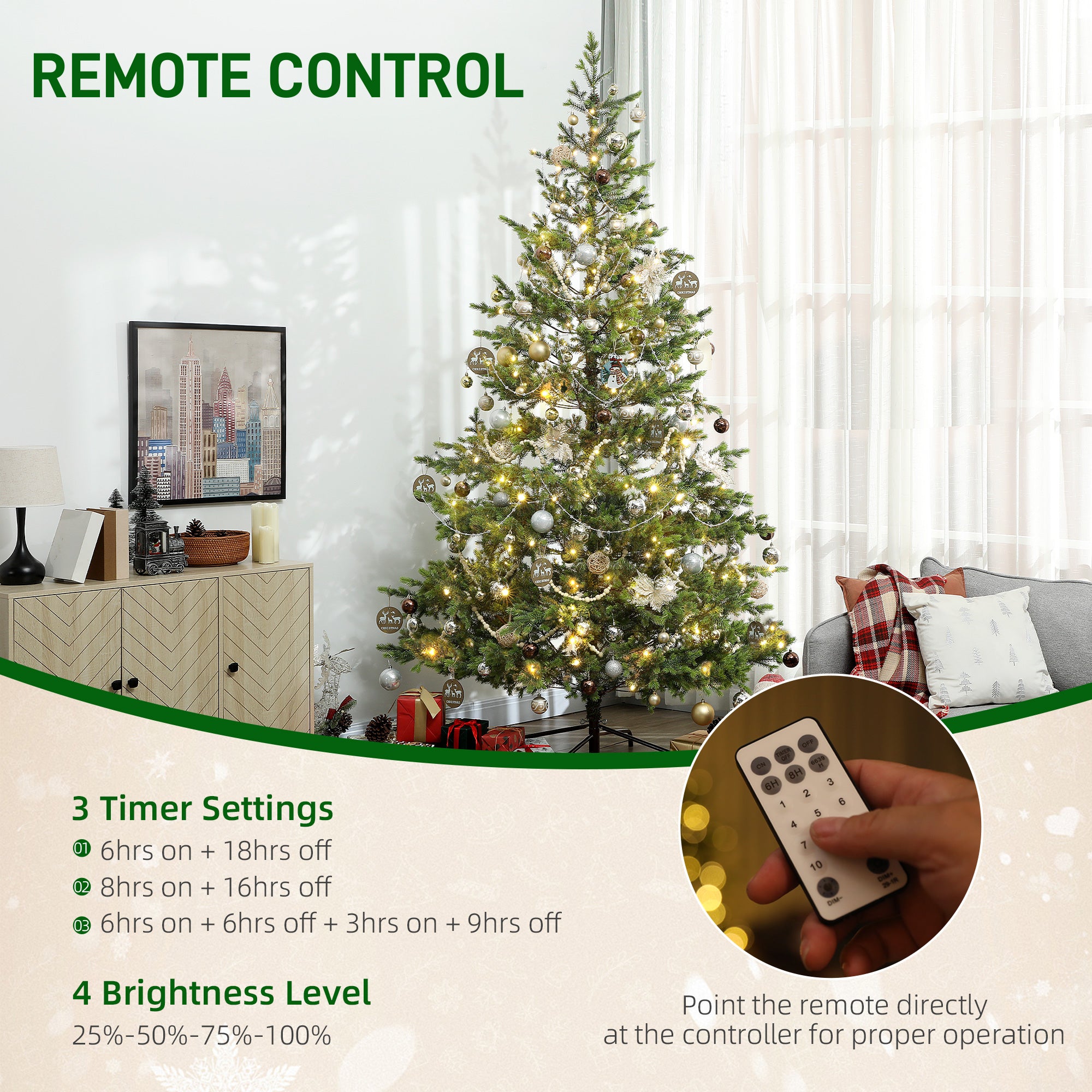 9ft Artificial Prelit Sparse Cedar Christmas Tree with LED Lights and 4306 Tips, Steel Base for Home Office Holiday