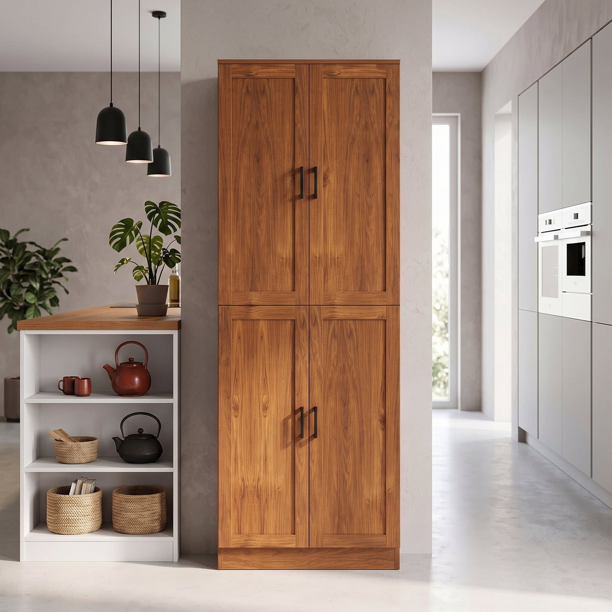 Freestanding Kitchen Pantry, 4-Door Kitchen Pantry Cabinet with Adjustable Shelves and Doors, Teak