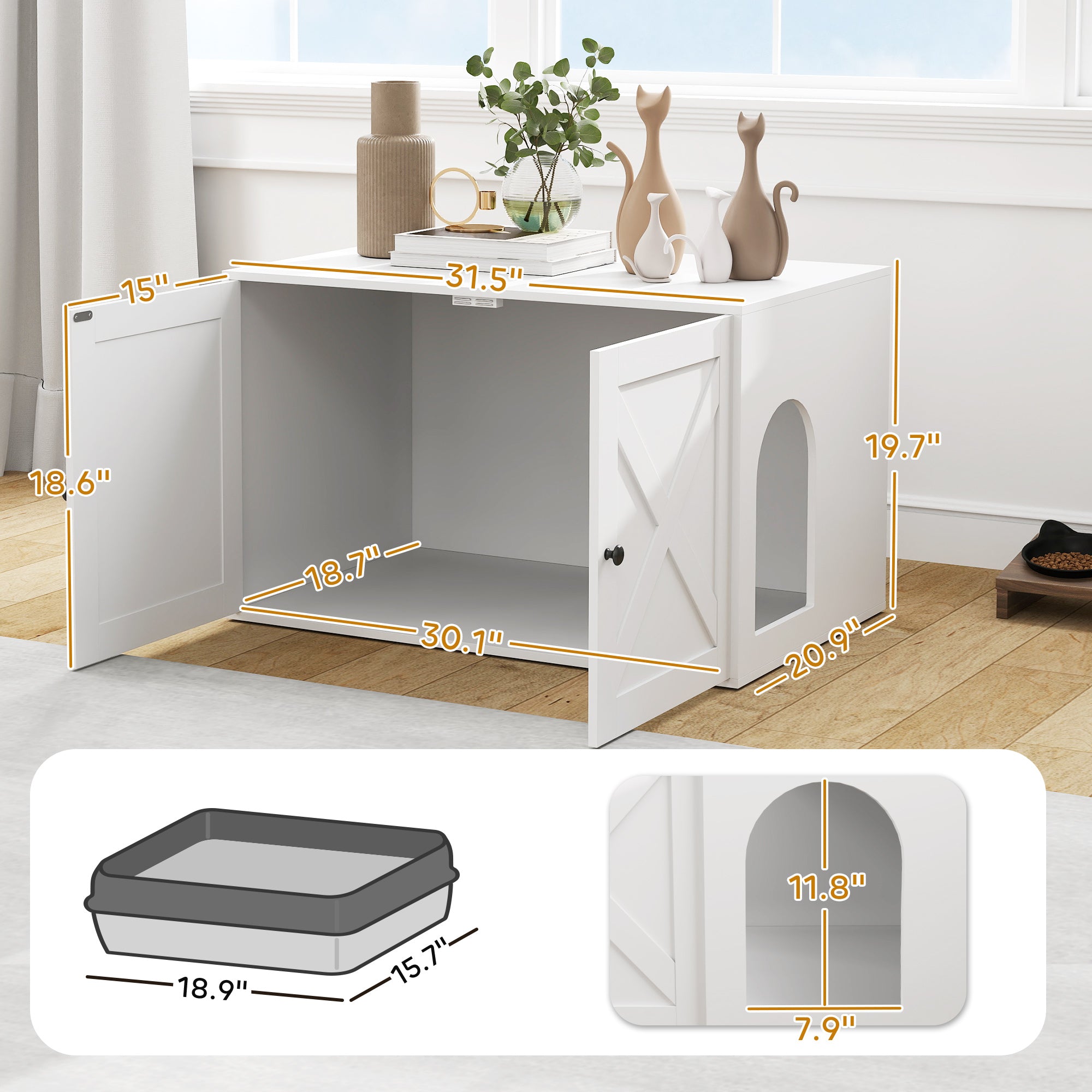 Cat Litter Box Enclosure with Barn Door, Cat Hole, 31.5" x 21" x 20", White - White - Image 3