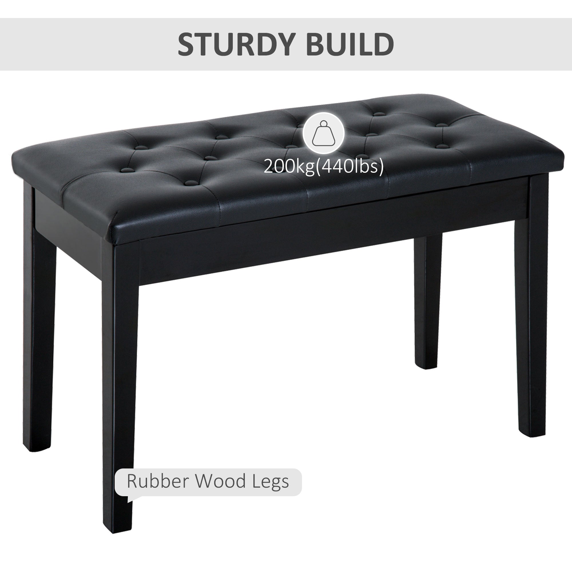 Piano Bench, Duet Piano Chair with Faux Leather Padded Cushion and Wooden Frame, Button Tufted Keyboard Bench, Black