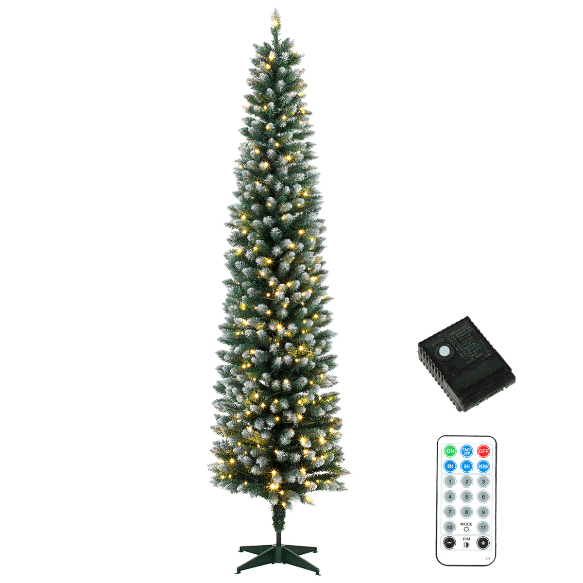 8ft Pencil Prelit Christmas Tree, Dual Color LEDs, Flocked, Remote, Slim Xmas Tree with 11 Modes, Green White