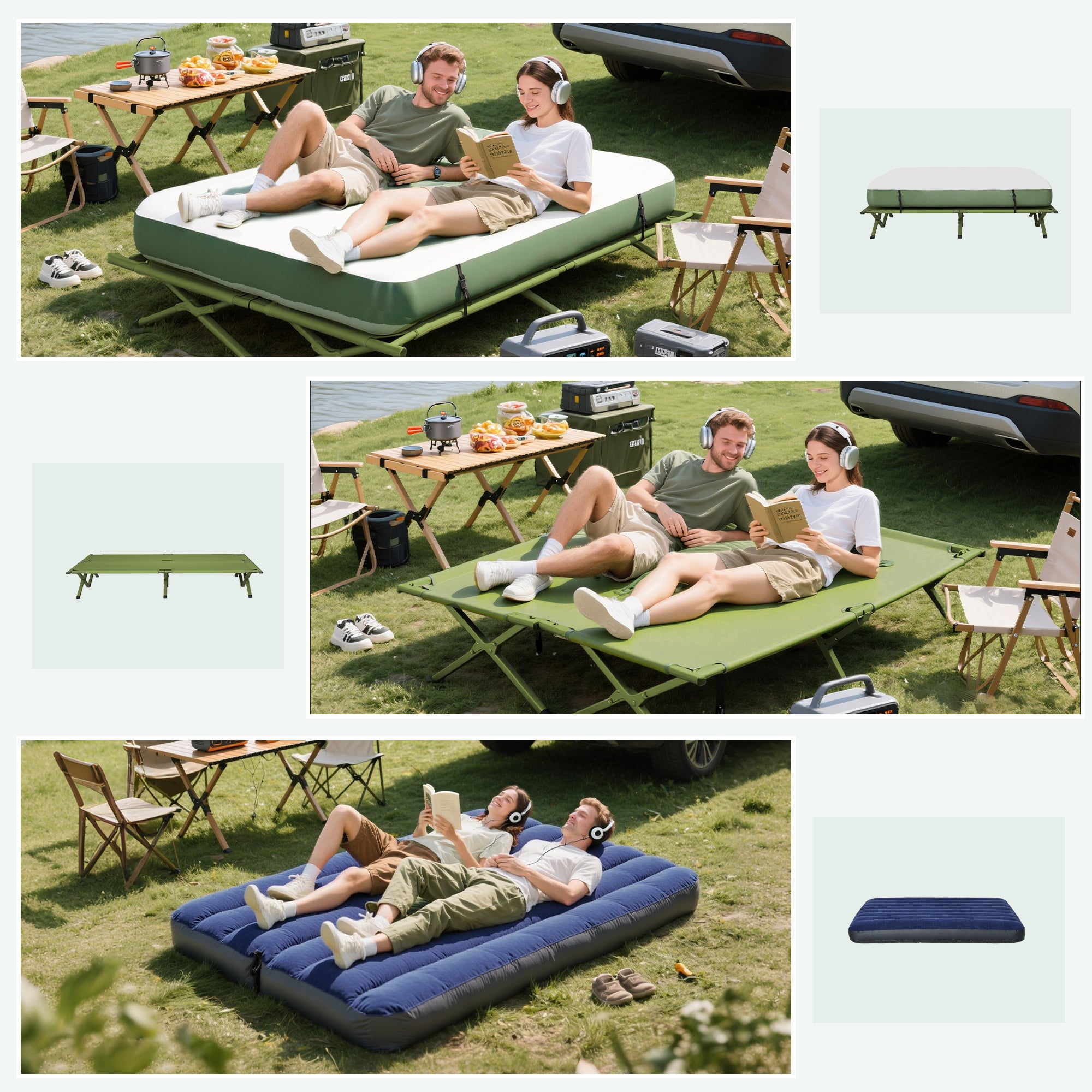 2-Person Tent Cot, 4-in-1 Elevated Camping Bed Combo with Air Mattress, Bed Cover, Foot Pump