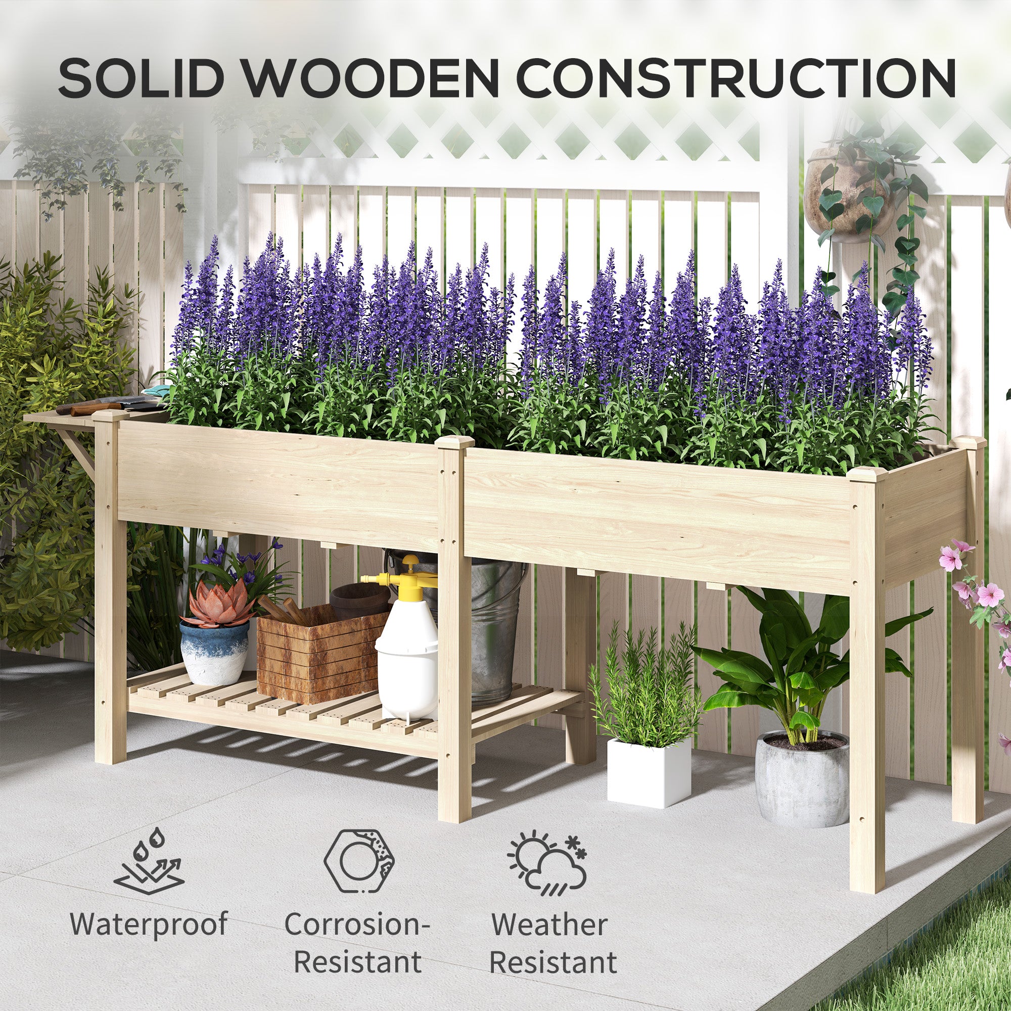 Wood Raised Garden Box, Elevated Garden Bed with Side Table, Bottom Shelf, Bed Liners and Drainage Holes, Natural - Natural Wood - Image 8