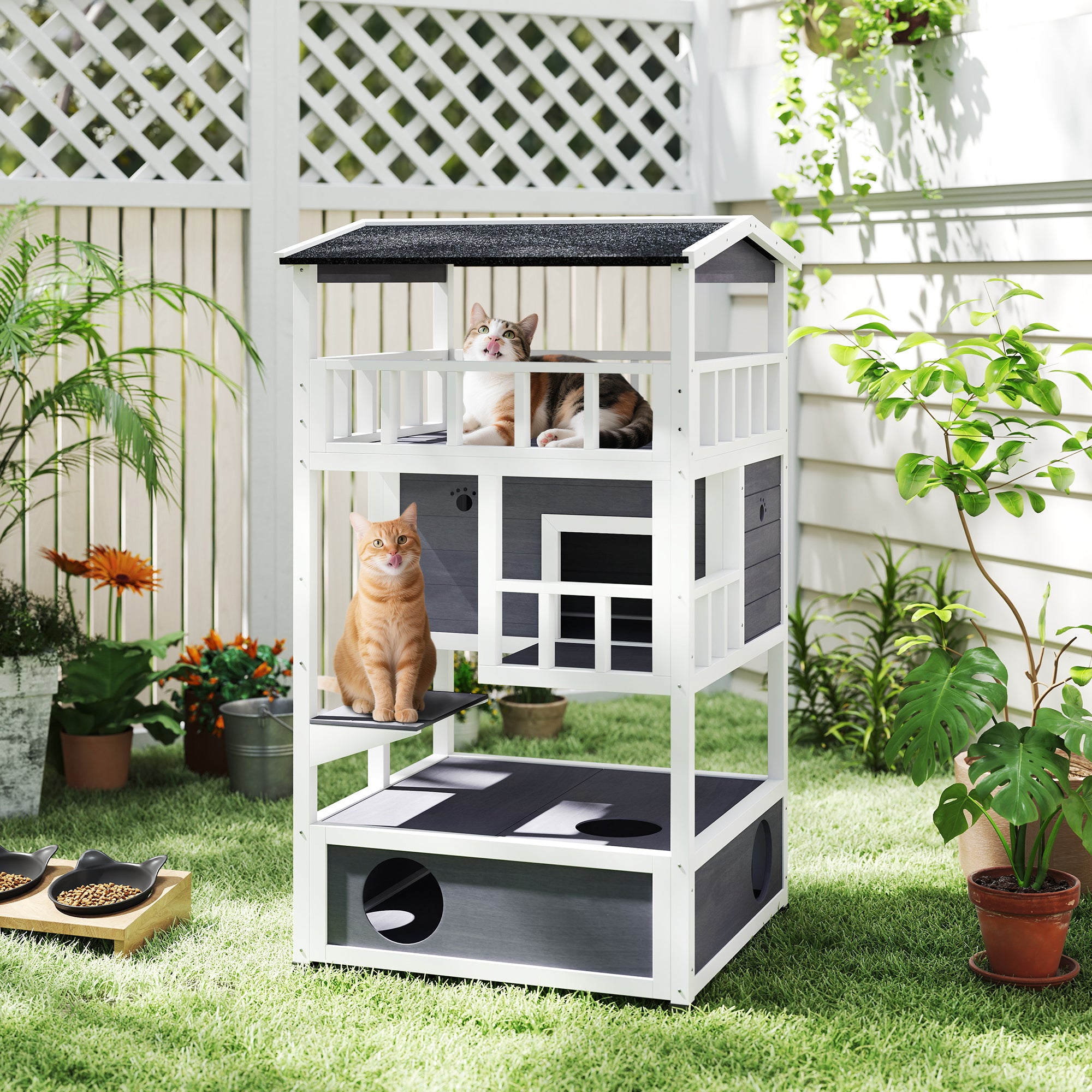 Wooden Outdoor Cat House, Feral Cat Shelter Kitten Condo with Asphalt Roof, Escape Doors, Condo, Jumping Platform, Gray - Grey - Image 2