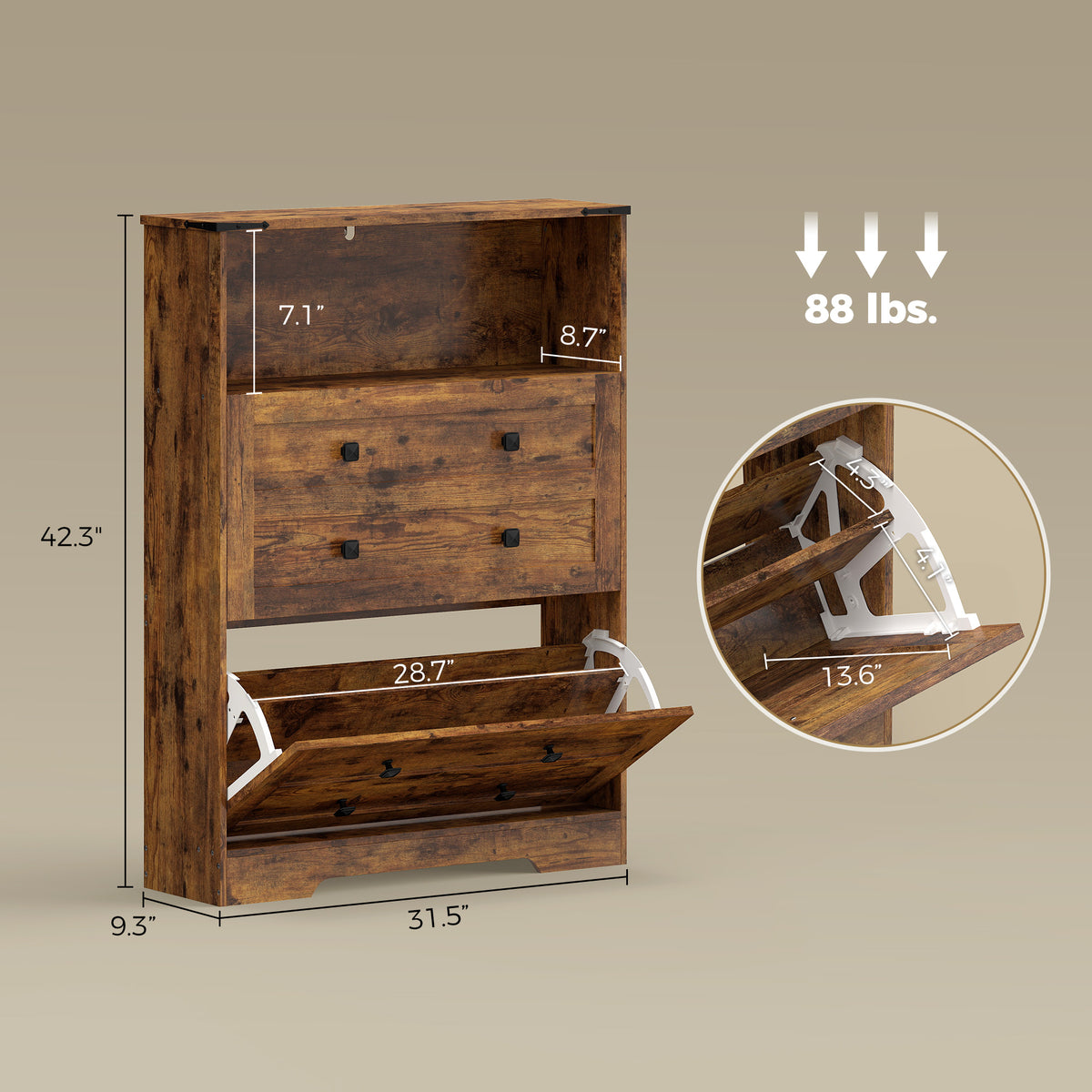 Shoe Cabinet with 2 Flip Drawers, Narrow Shoe Storage Cabinet, Rustic Brown