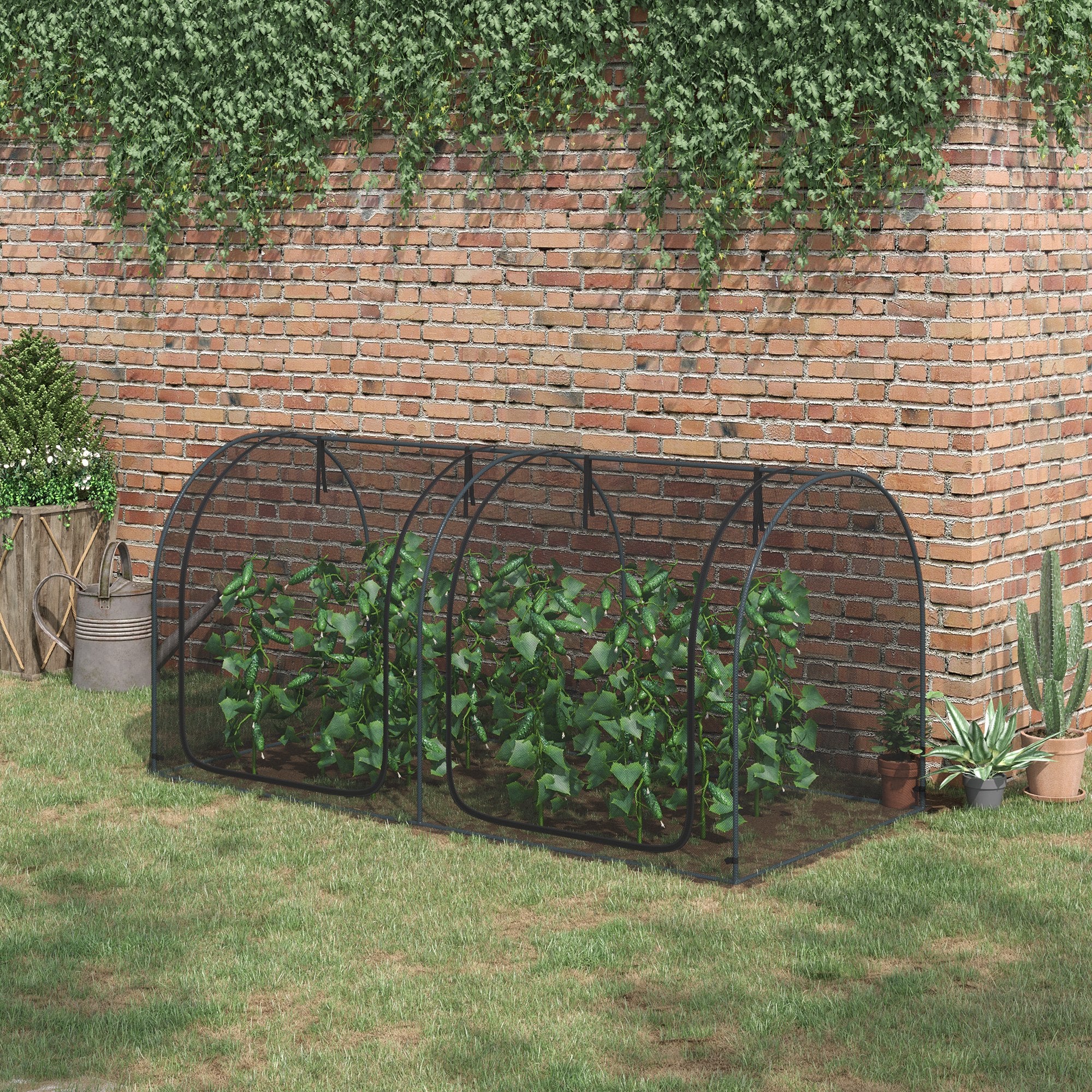 8' x 4' Crop Cage, Plant Protection Tent with Two Zippered Doors, Storage Bag and 4 Ground Stakes, for Garden, Yard, Lawn, Black - Black - Image 2