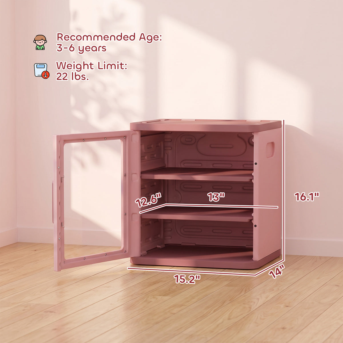 Toy Storage Organizer, 3 Tier Adjustable Toy Storage Cabinet Dustproof HDPE Plastic, Transparent Door, Pink