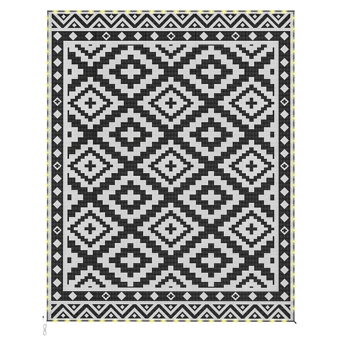 Outdoor Rug Carpet Reversible Plastic Straw Rug with LED Lights Black and White 10' x 8' for Patio