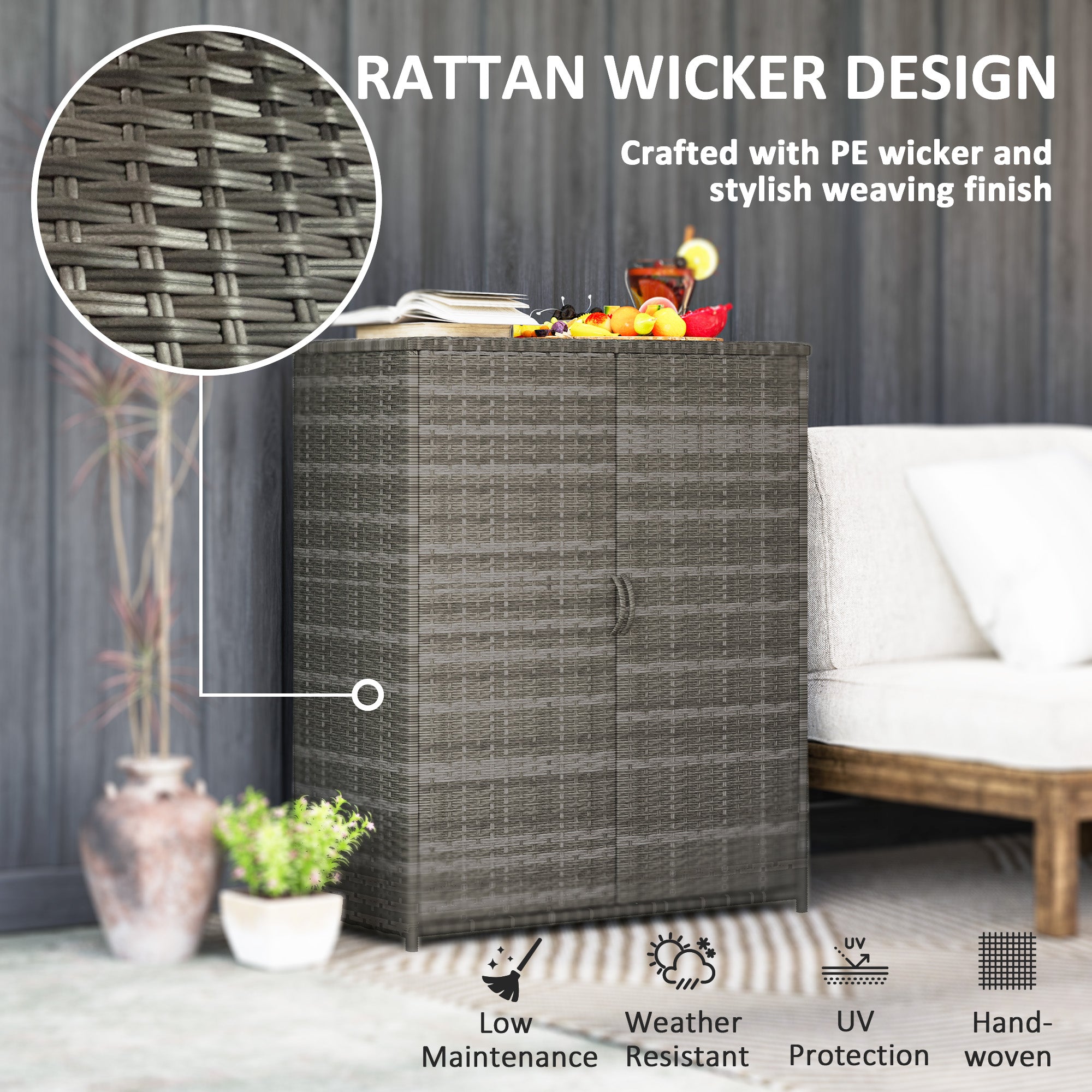Rattan Wicker Outdoor Storage Cabinet with 4 Shelves and 2 Doors for Garden Pool Towel Storage, Mixed Gray - Mixed Gray - Image 5