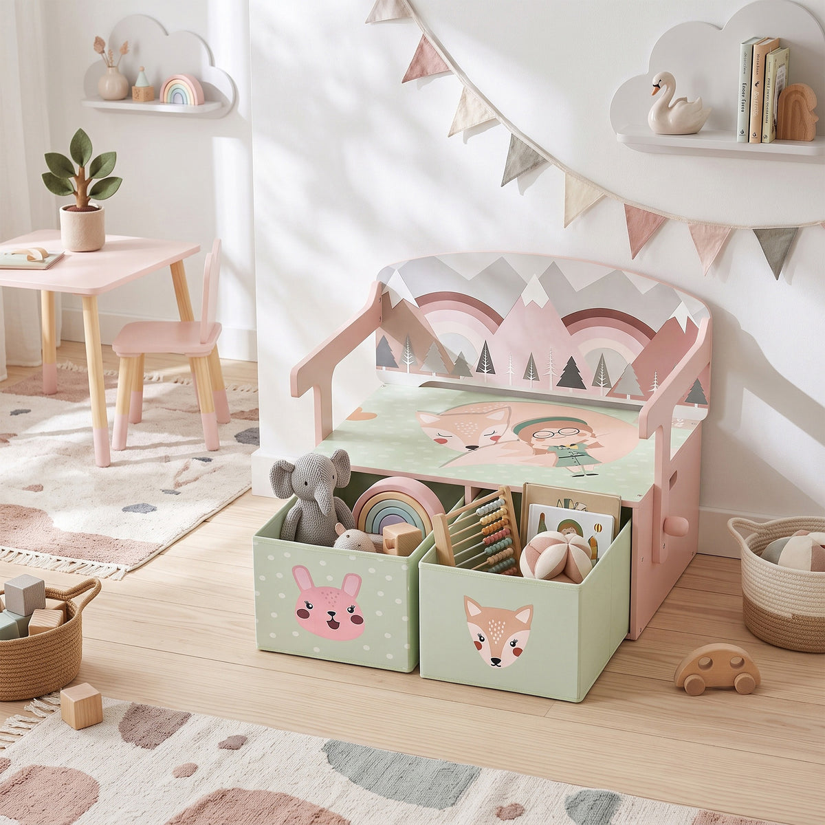 Kids Toy Box Chest, 3-in-1 Convertible Storage Chest with 2 Non-Woven Drawers for Bedroom, Kids Room for Ages 3-6, Pink