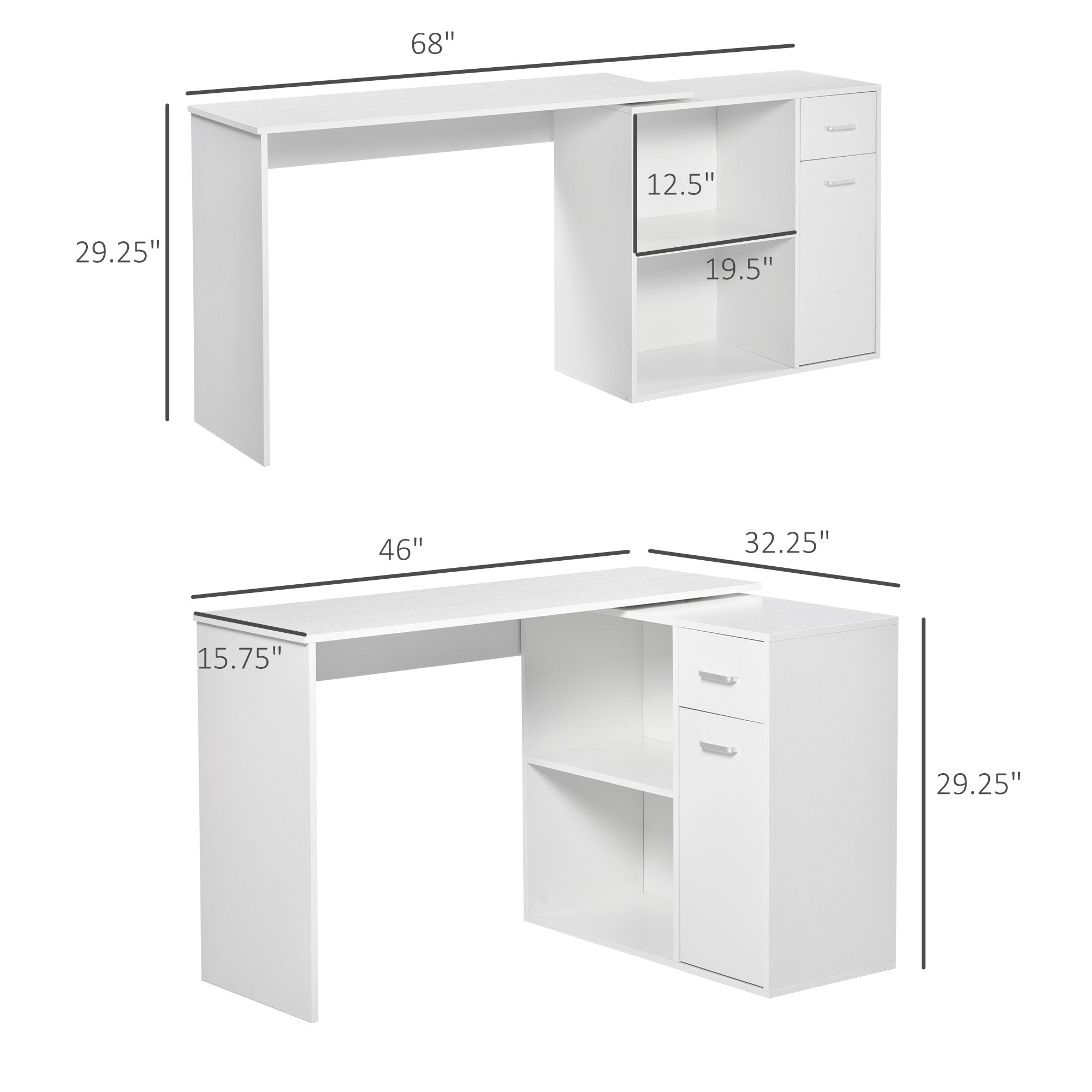 L Shaped Computer Desk, 180° Rotating Corner Desk with Storage Shelves, Drawer and Cabinet, Study Workstation for Home Office, 47.25"x19.75"x 53.75", White