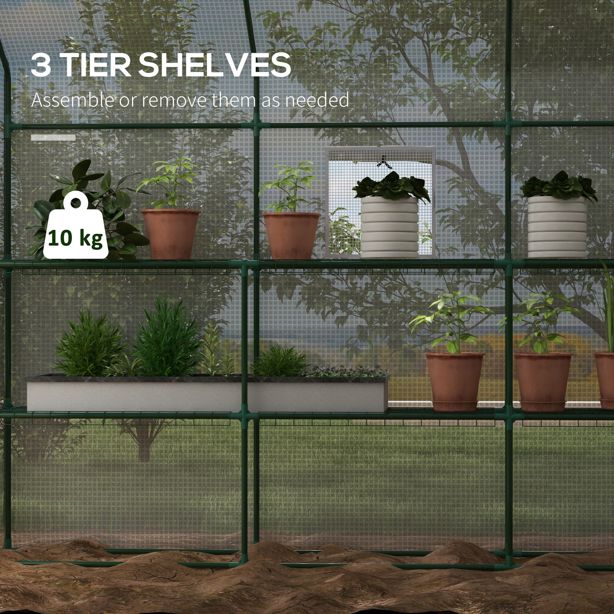 4.6' x 4.7' Portable Greenhouse, Water/UV Resistant Walk-In Small Outdoor Green House with 2 Tier U-Shaped Flower Rack Shelves, Roll Up Door & Windows, White - White - Image 4
