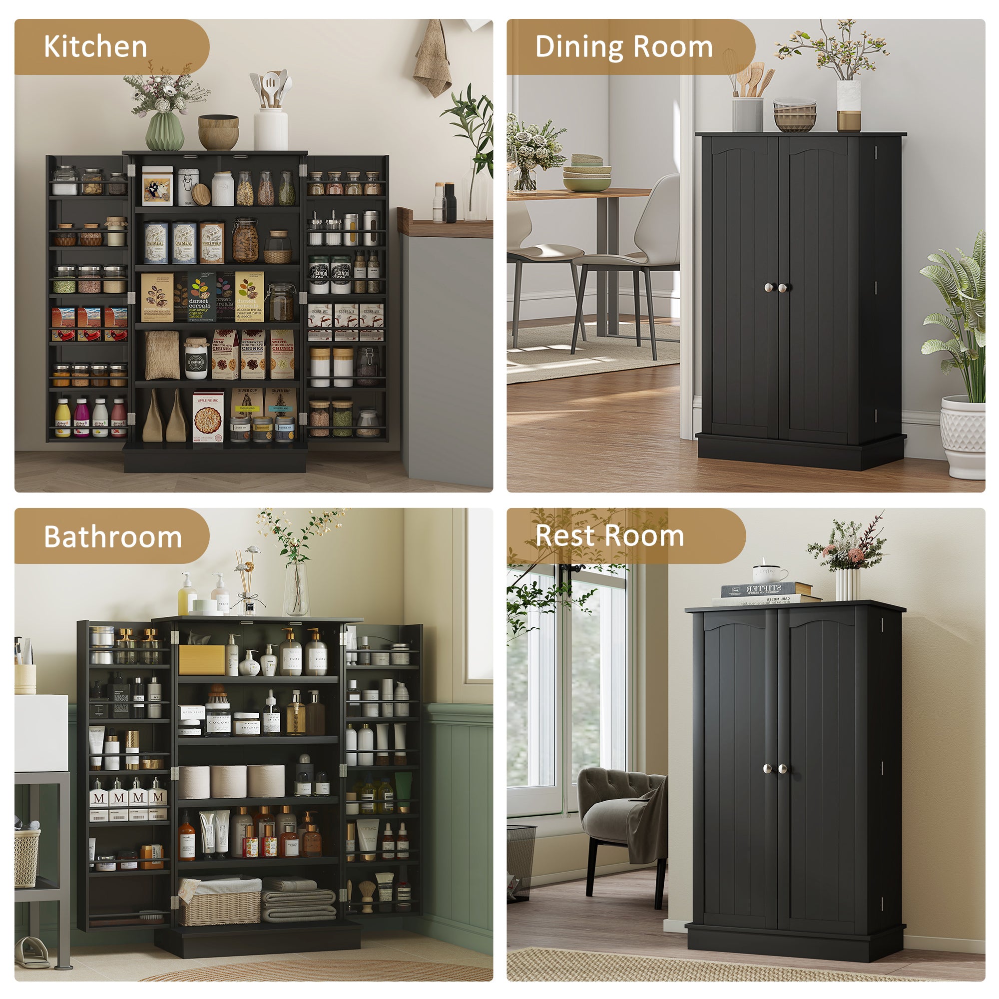 Freestanding Kitchen Pantry Cabinet, Kitchen Cabinet with 12 Door Shelves, Double Doors, 5-tier Shelving, Black
