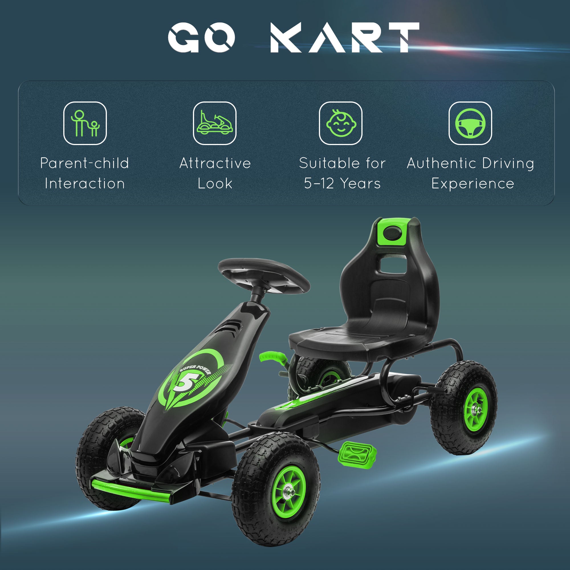 Ergonomic Pedal Go Kart Kids Ride-on Toy with Tough, Wear-Resistant Tread for Boys & Girls, Ages 5-12, Green