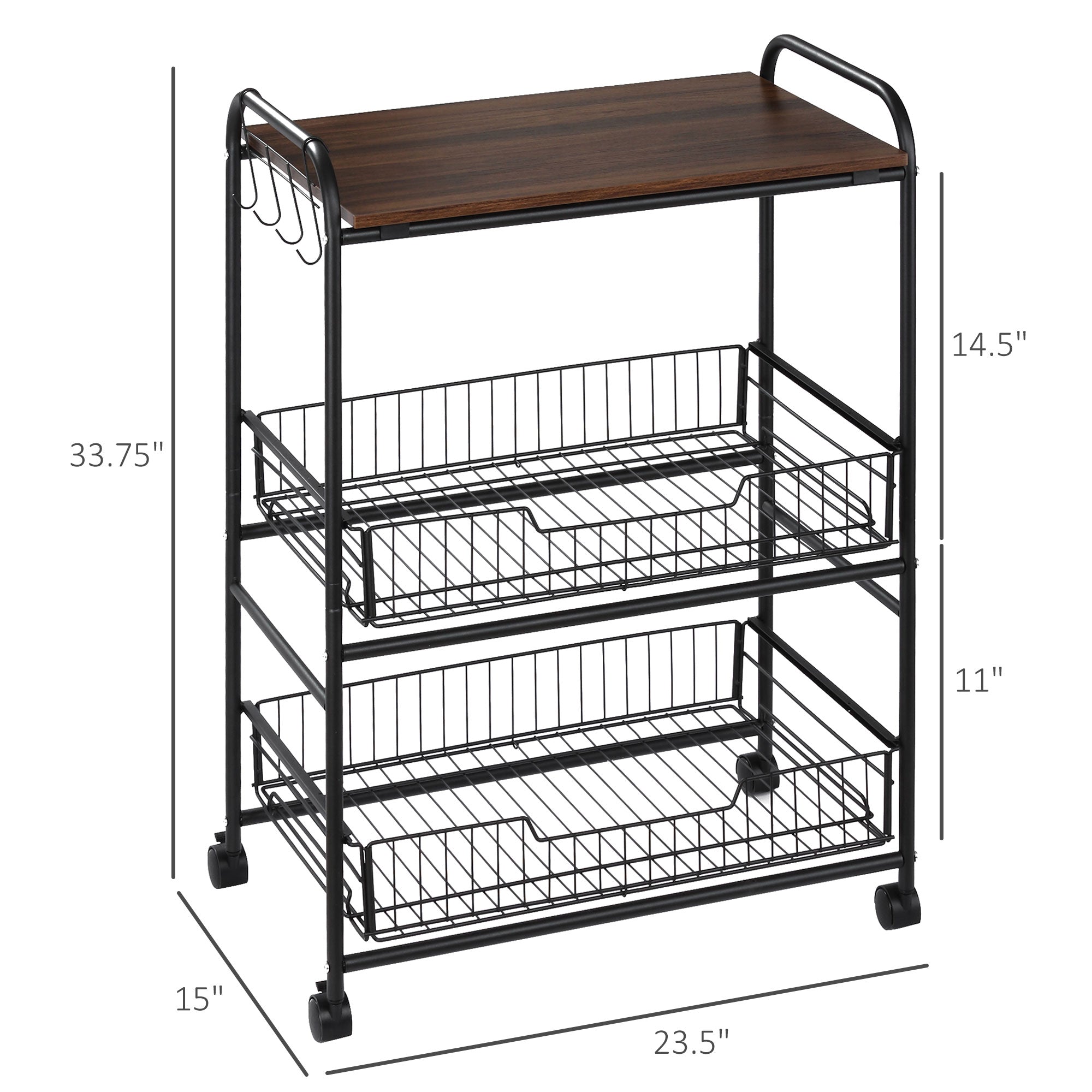 3 Tier Rolling Kitchen Cart with Storage, Kitchen Island Cart on Wheels with 2 Sliding Fruit Basket, Microwave Cart with Side Hooks for Dining Room, Walnut