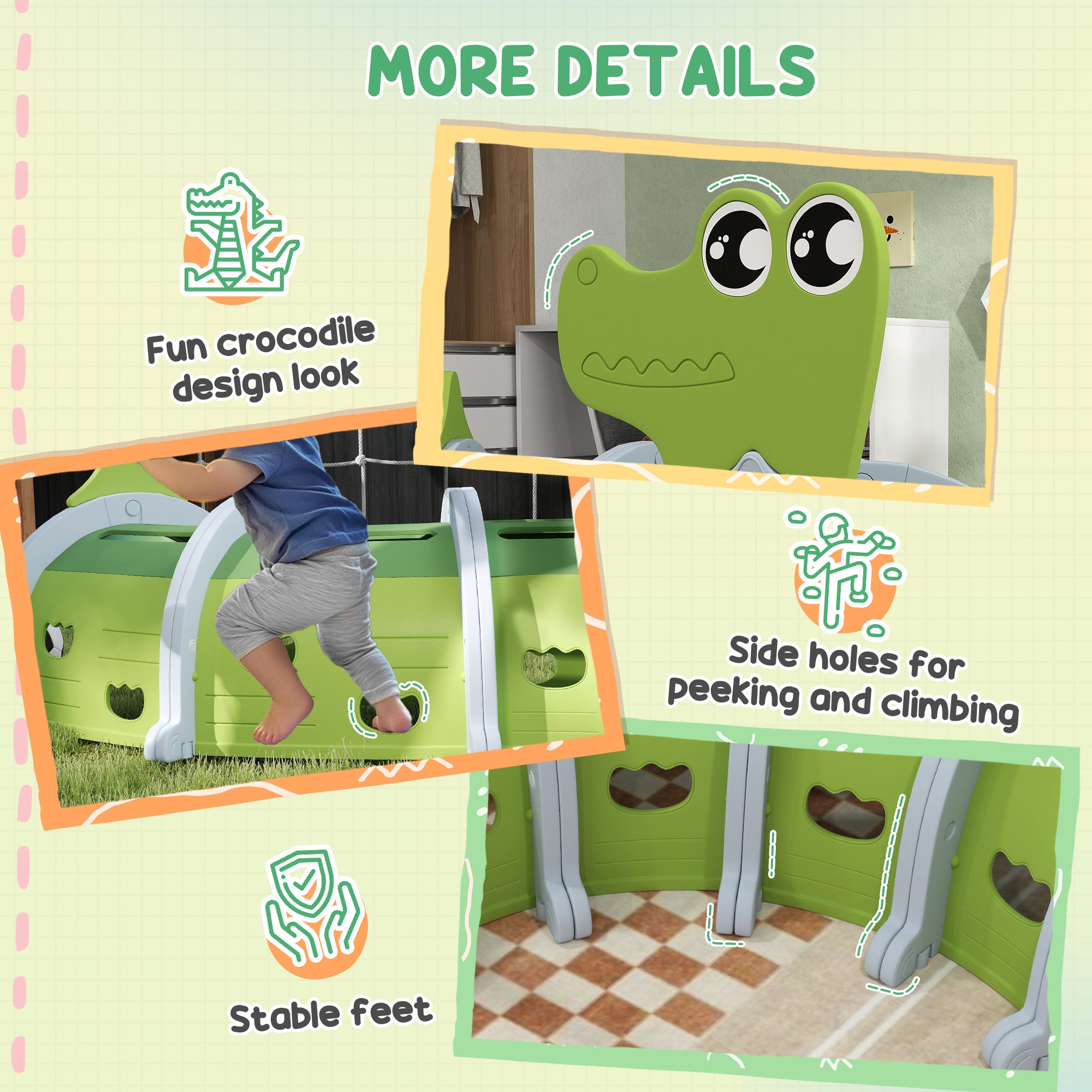 Crocodile Design Kids Play Tunnel for Kids to Crawl Through, 76" Long