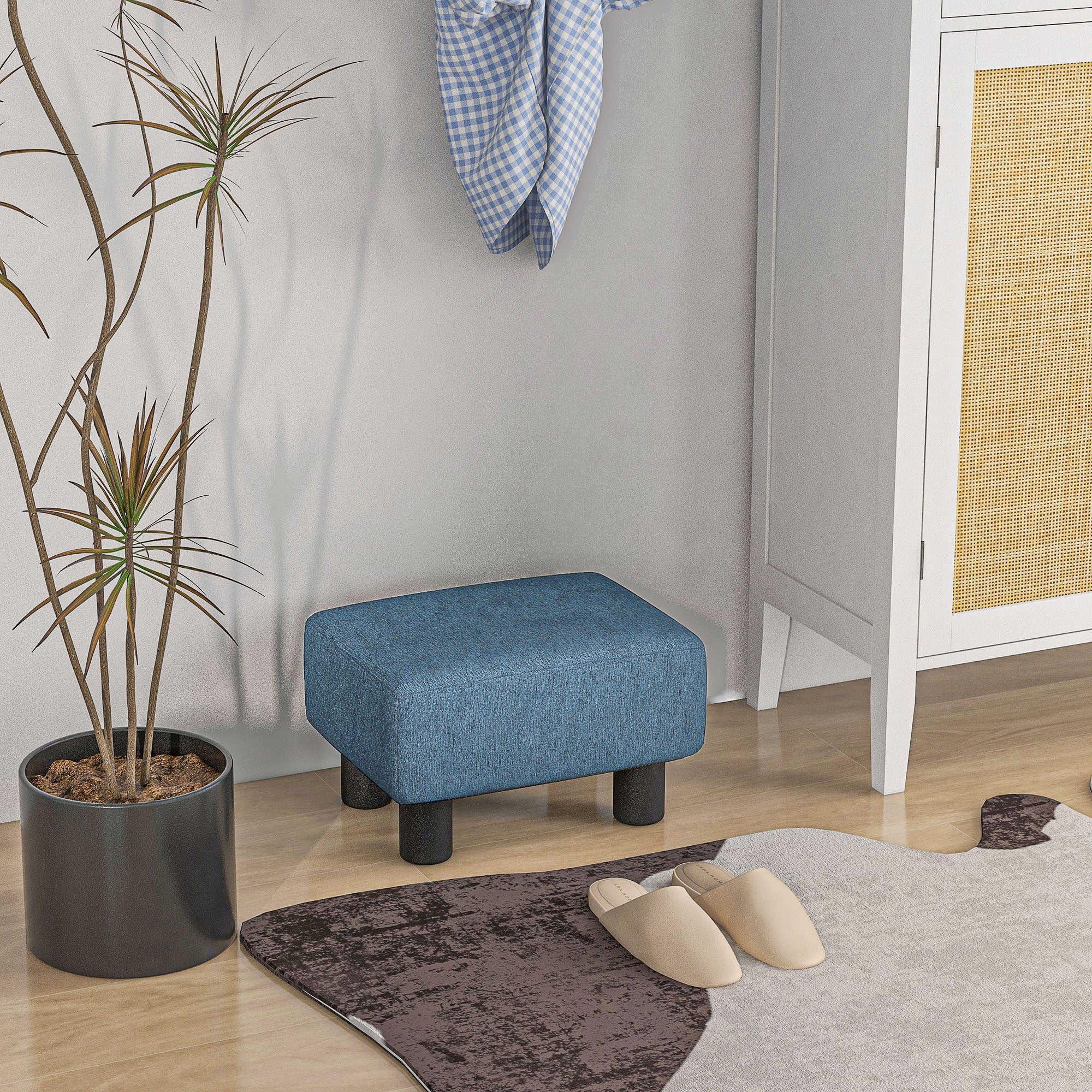 Ottoman Foot Rest, Small Foot Stool with Linen Fabric Upholstery and Plastic Legs, Cube Ottoman for Living Room, Blue
