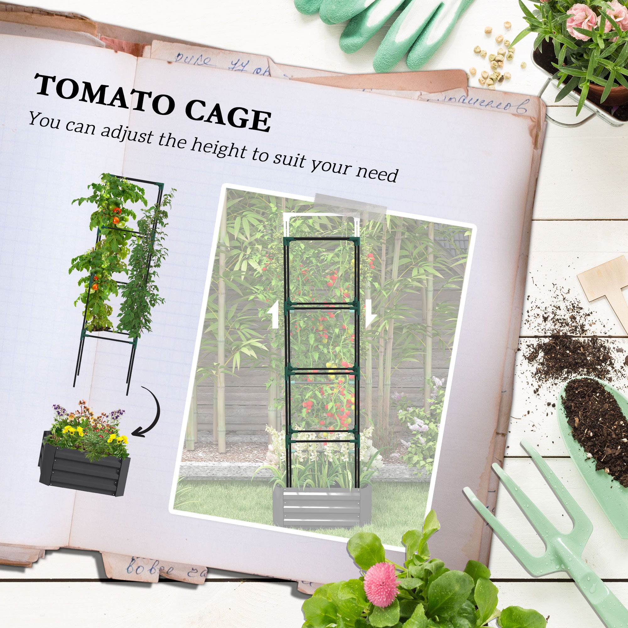Galvanized Planter Box, 24" x 24" x 73.5" Raised Garden Bed with Tomato Cage for Climbing Vines, Dark Gray - Dark Gray - Image 4