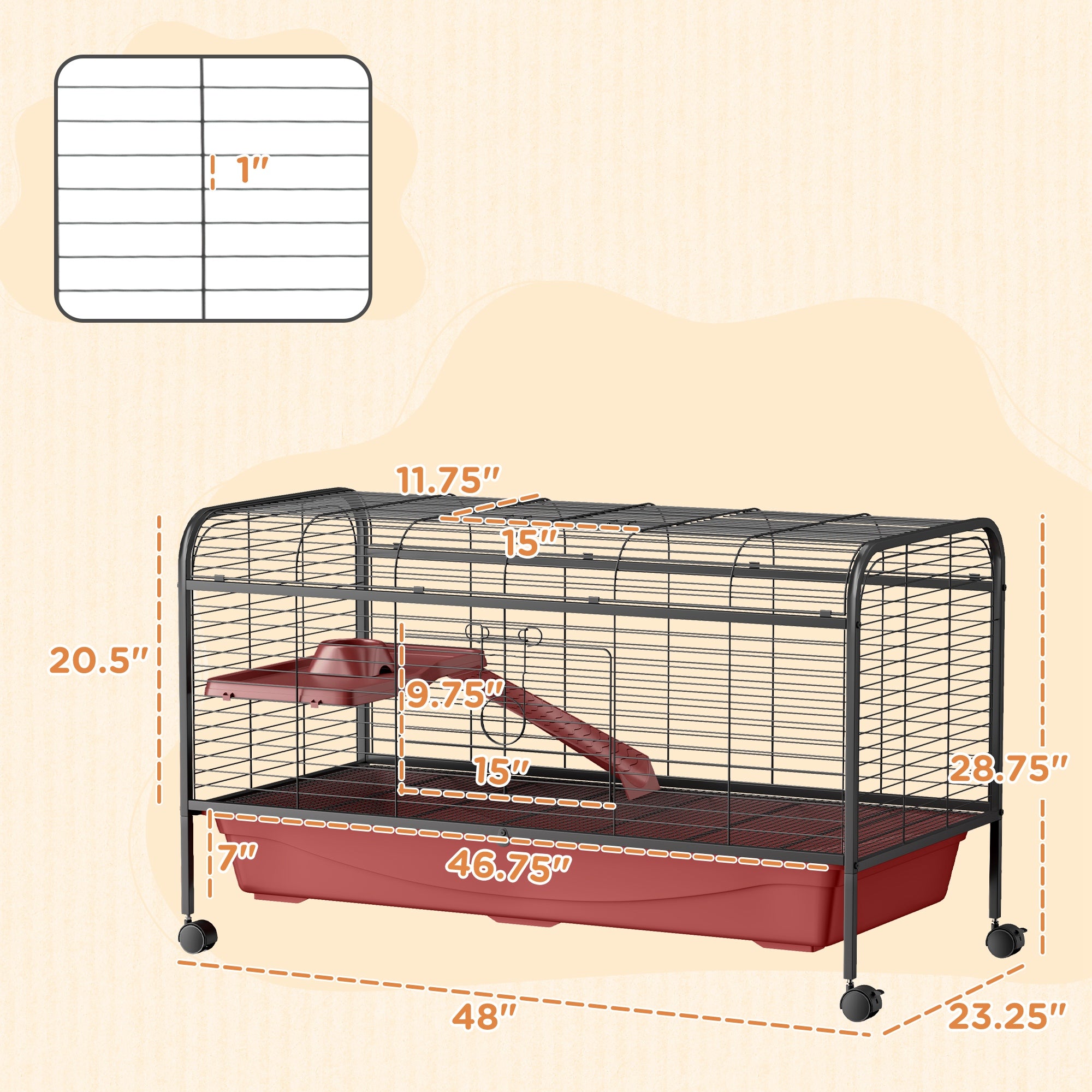 48" L Small Animal Cage, Pet Play House for Rabbit Hutch or Ferret with Feeder, Rolling Wheels, Platform, Ramp - Red and Black - Image 3