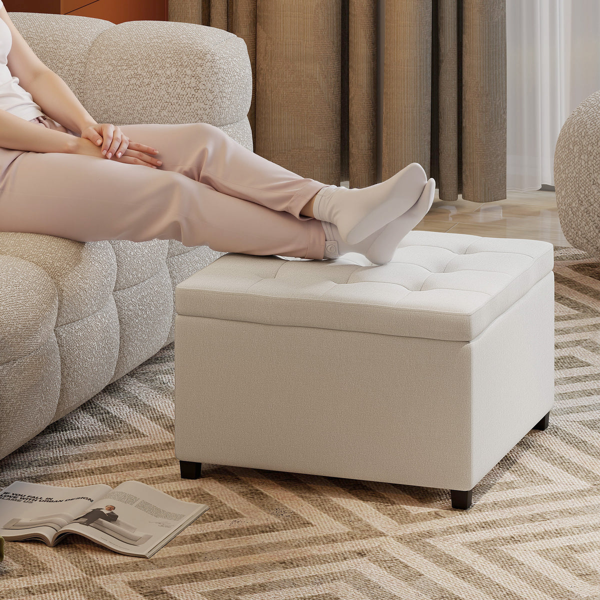 Round Storage Ottoman Bench, Button Tufted Ottoman with Flip Top for Living Room, Entryway and Bedroom, Beige