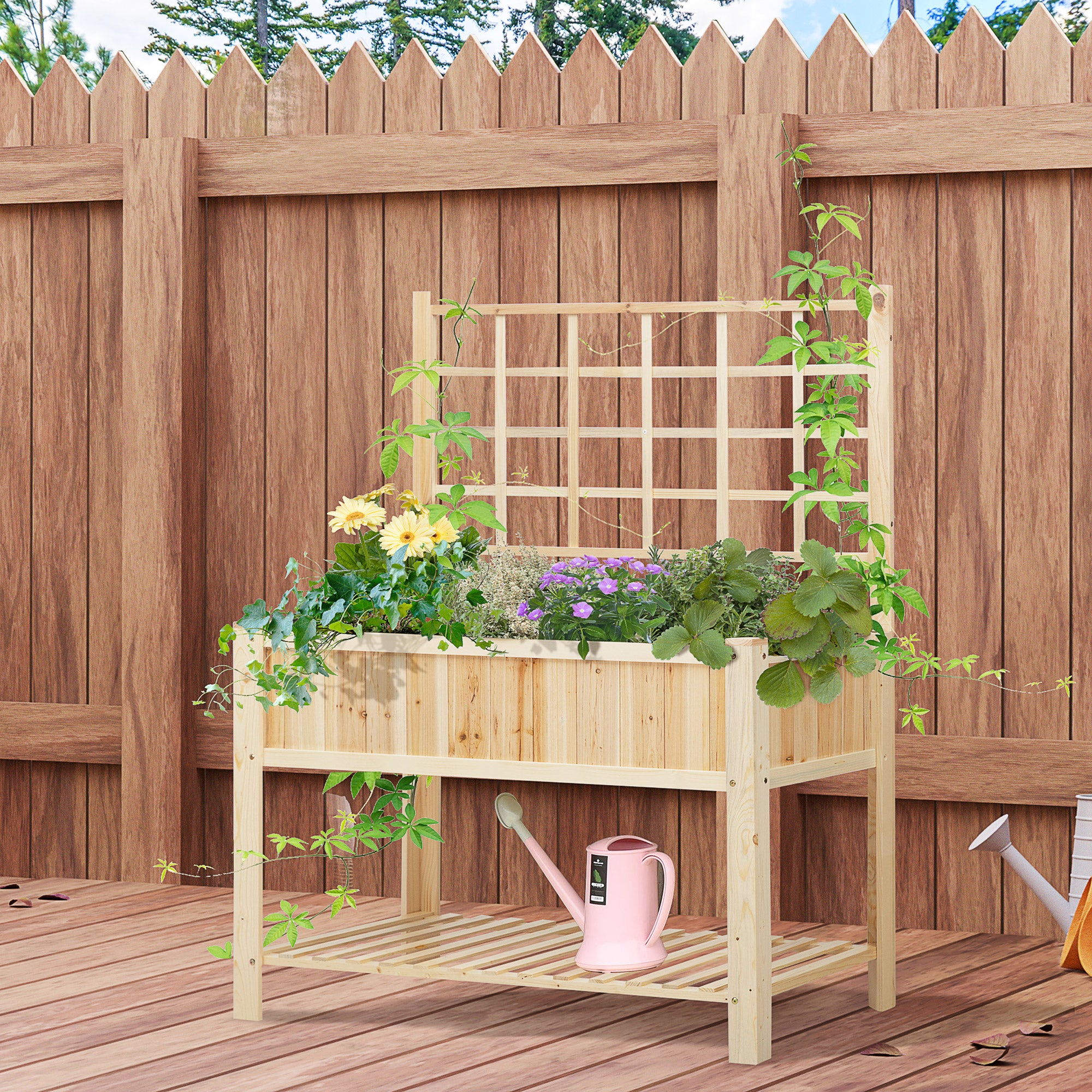 47'' Wooden Raised Garden Bed with Trellis, Coutryside Style Elevated Planter Box Stand with Open Storage Shelf, Spacious Planting Area for Vegetables, Herbs, Flowers - Natural - Image 2