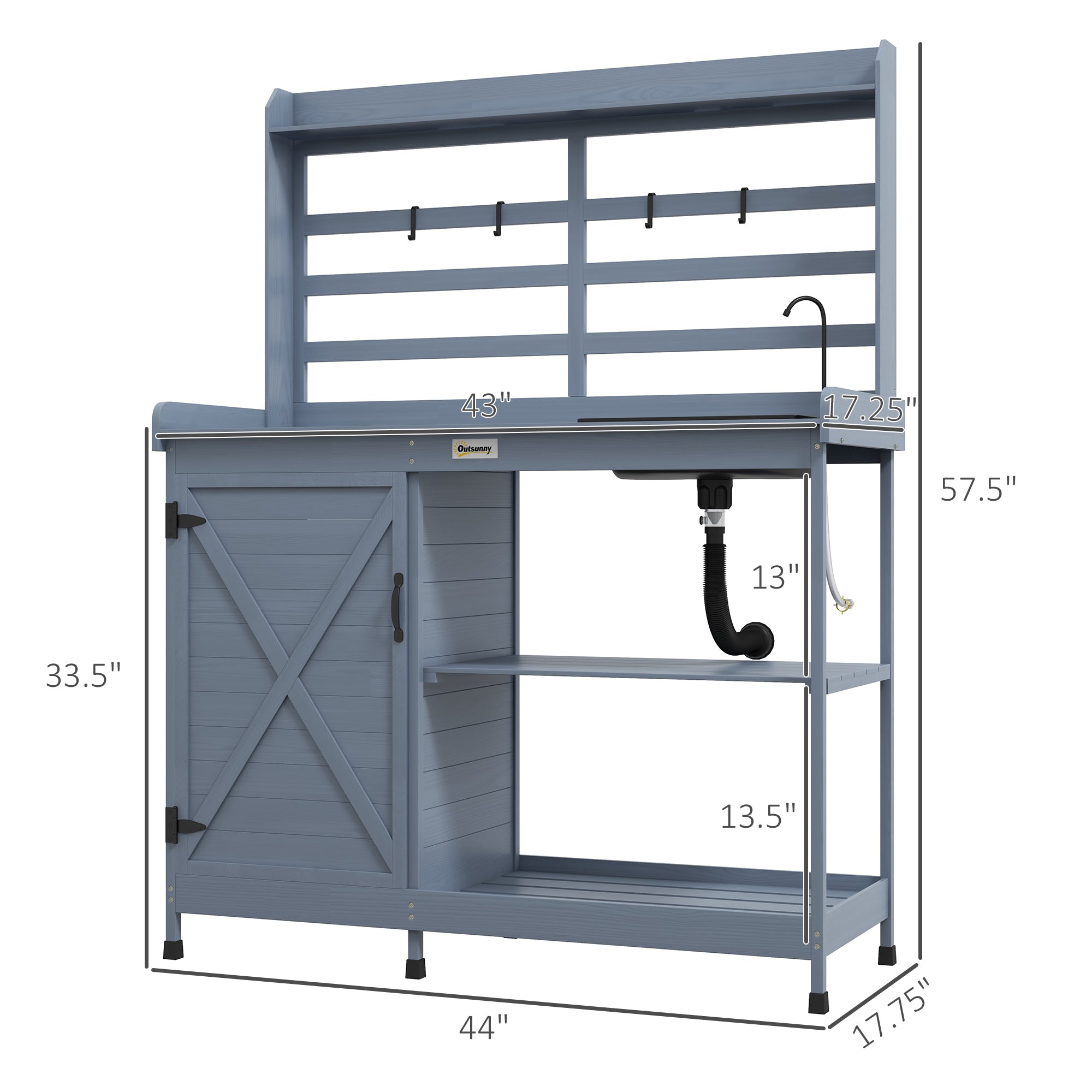Wooden Potting Bench with Storage, Sink, Water Tap for Backyard, Patio, Balcony, Gray - Gray - Image 3