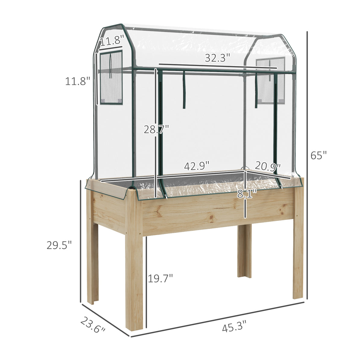 Raised Garden Bed with Plastic Greenhouse Cover Outdoor Planter Box for Herbs and Vegetables, 45x24x65 inch Natural