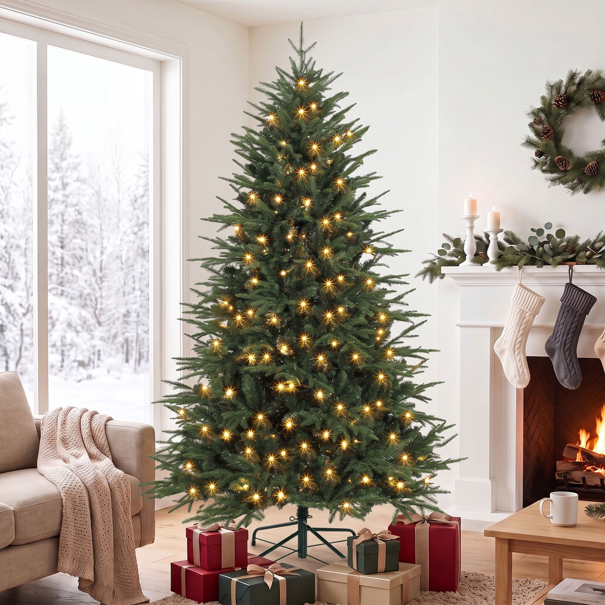 6ft Prelit Christmas Tree, Wide Artificial Hinged Xmas Tree with 300 Warm White LED Lights, 2345 Tips, Green