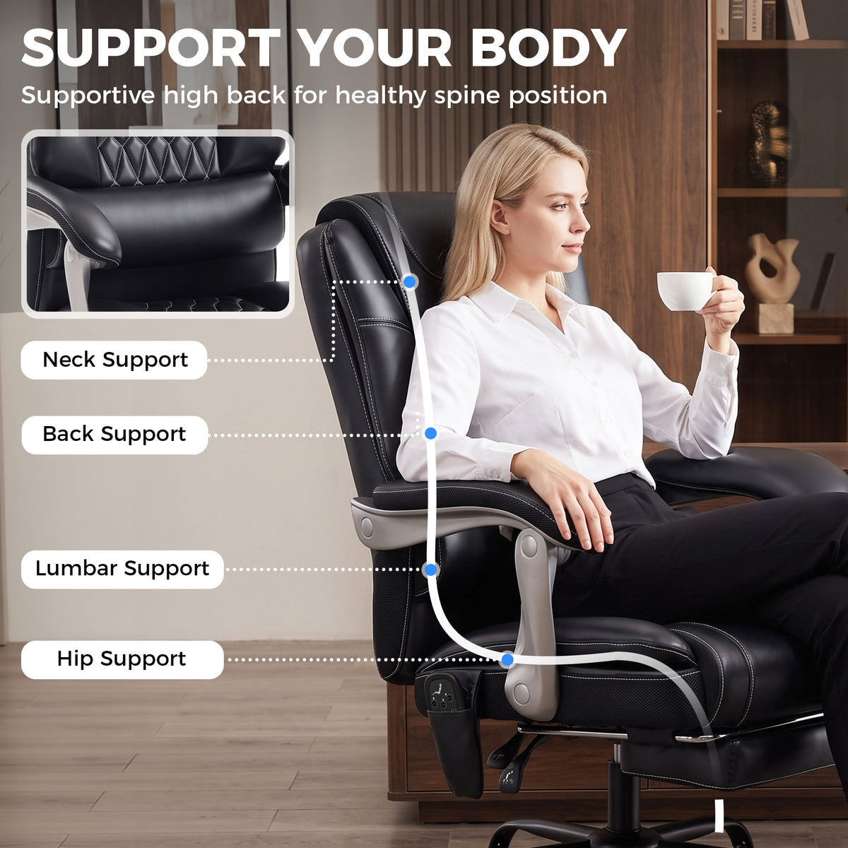 400lbs Massage Office Chair with Heat, Big and Tall Desk Chair, Lumbar Support, Reclining, Footrest, Black