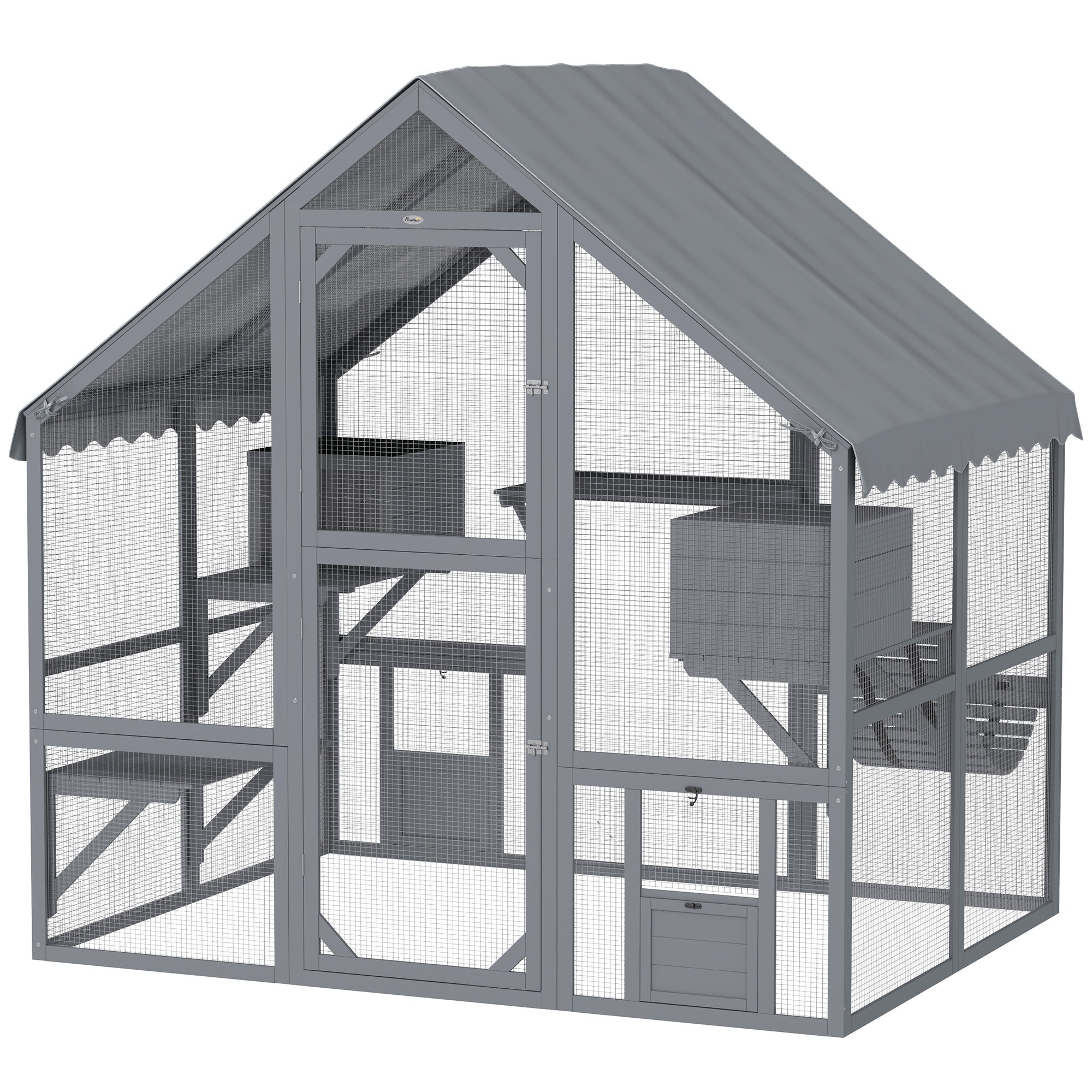 Wooden Catio Outdoor Cat Enclosure with Waterproof Cover, 2 Condos, 4 Platforms, Bridge, Doors, Gray - Gray