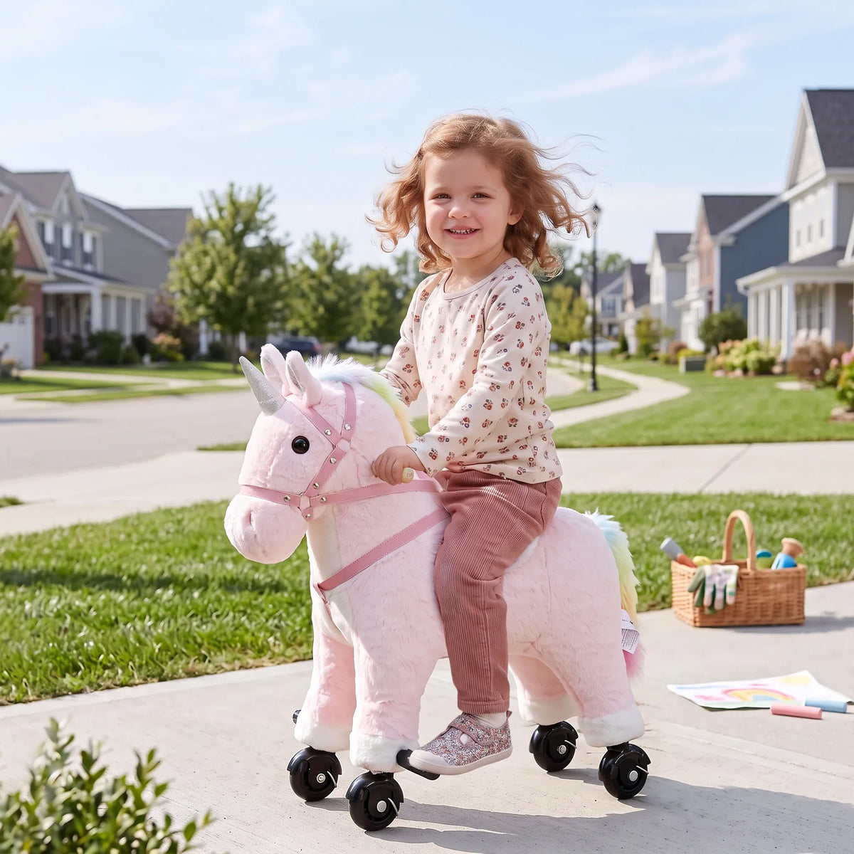 Ride on Horse for Kids 2-5 Years, 22 Inch Height Plush Ride On Pony with Wheels and Sounds for Active Play, Pink