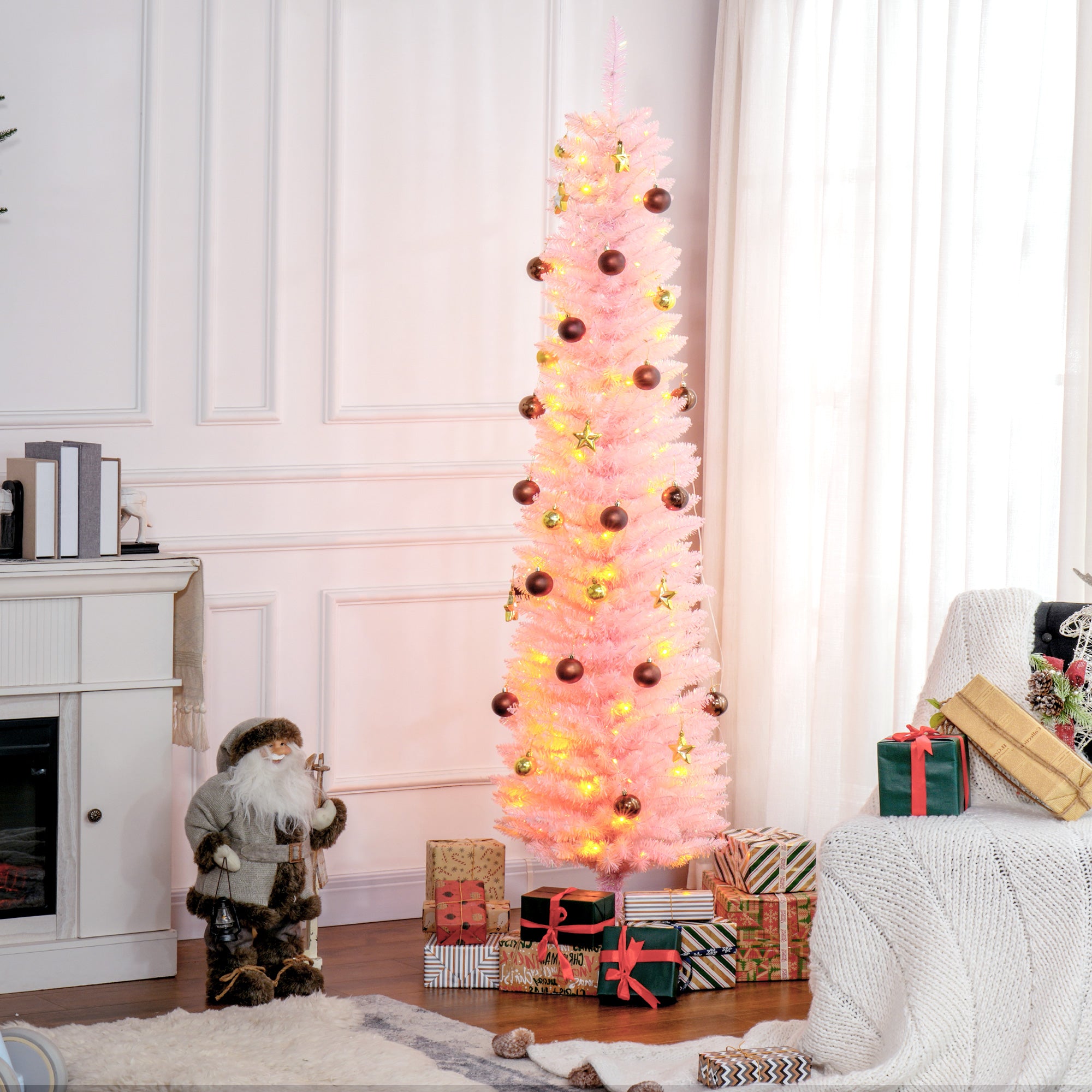 5' Prelit Christmas Tree, Pencil Artificial Christmas Tree with Colorful Surface Branches, Colorful LED Lights, Pink