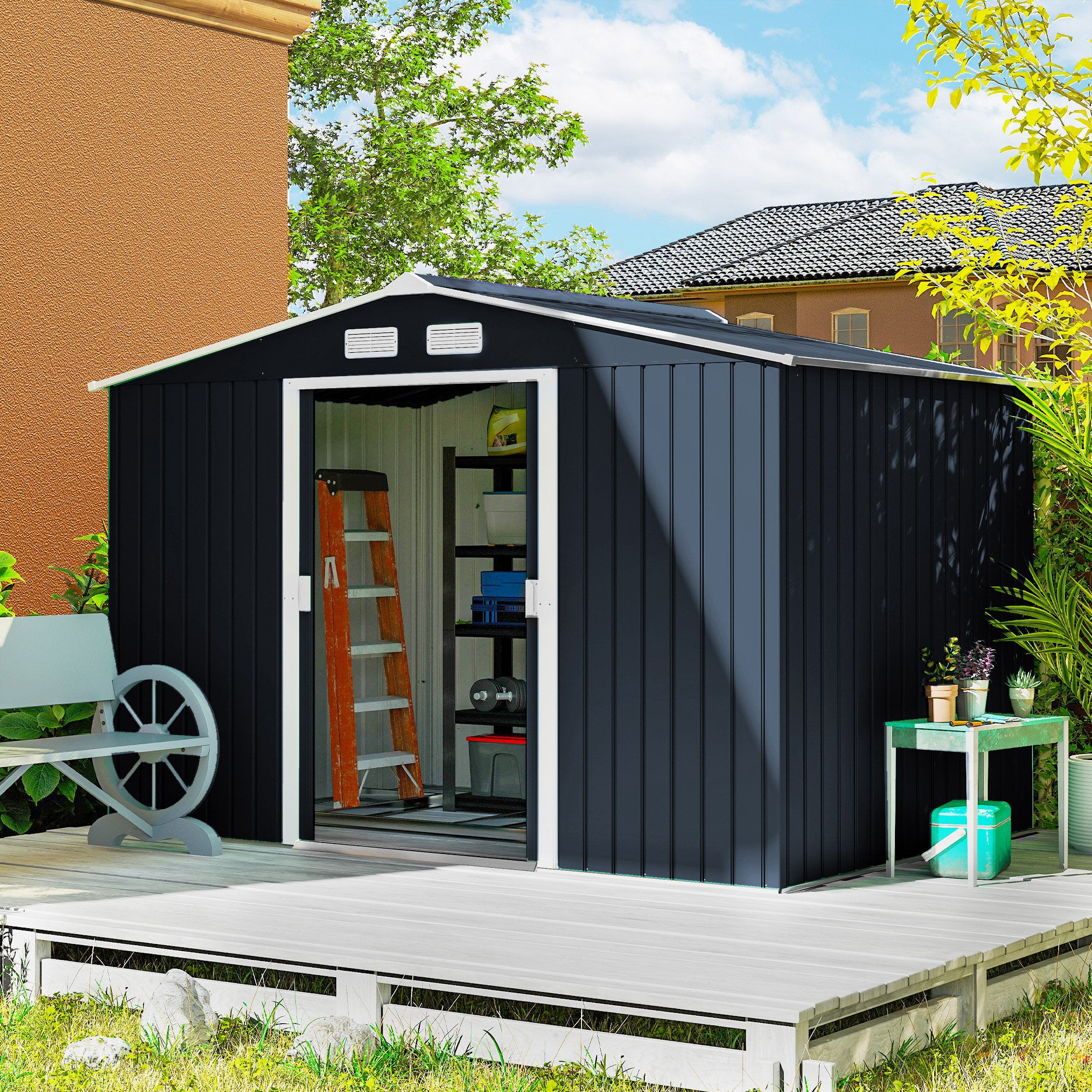9' x 6' Outdoor Storage Shed, Garden Tool Metal Shed with Foundation Kit, Dark Gray - Dark Gray - Image 2